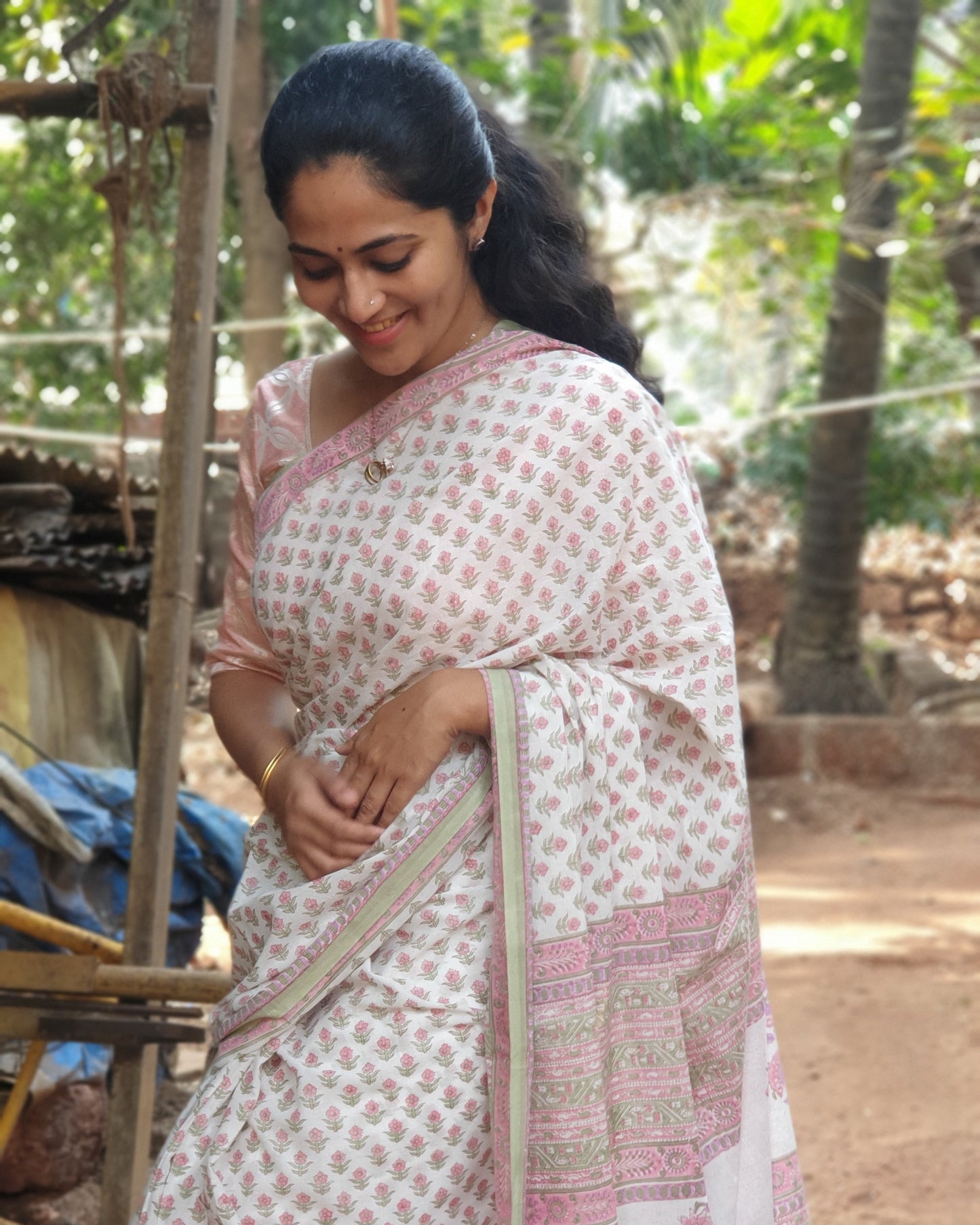 White And Green Block Printed Cotton Saree