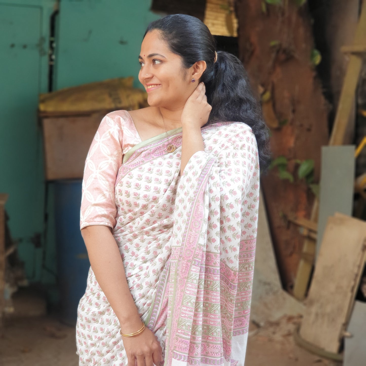 White And Green Block Printed Cotton Saree