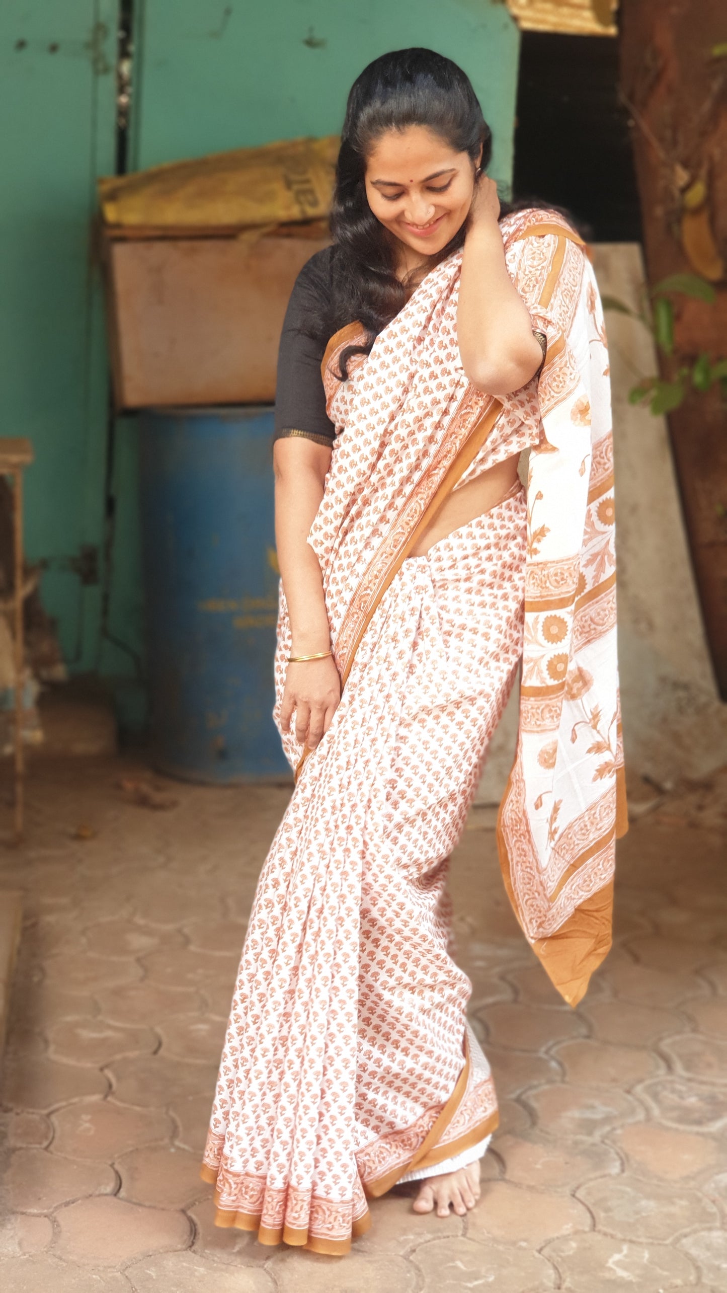 Tawny Block Printed Cotton Saree