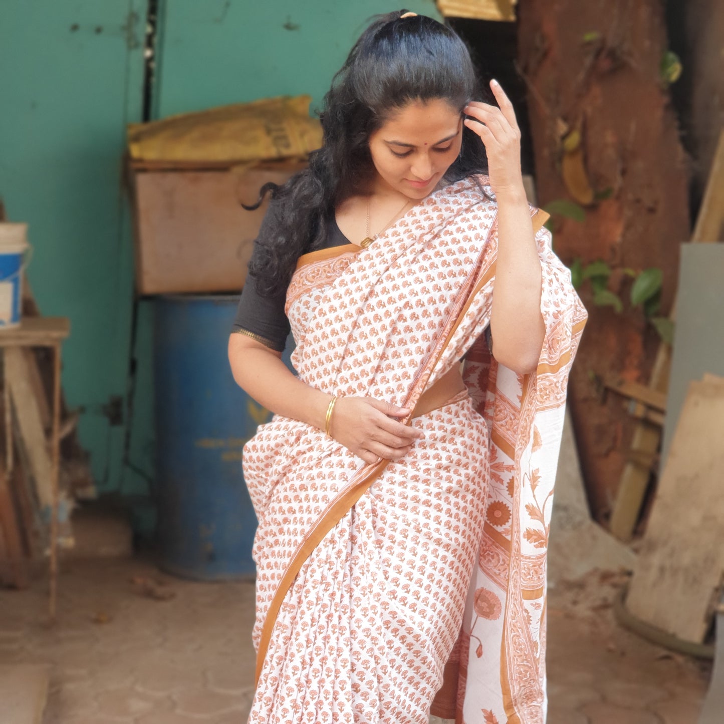 Tawny Block Printed Cotton Saree