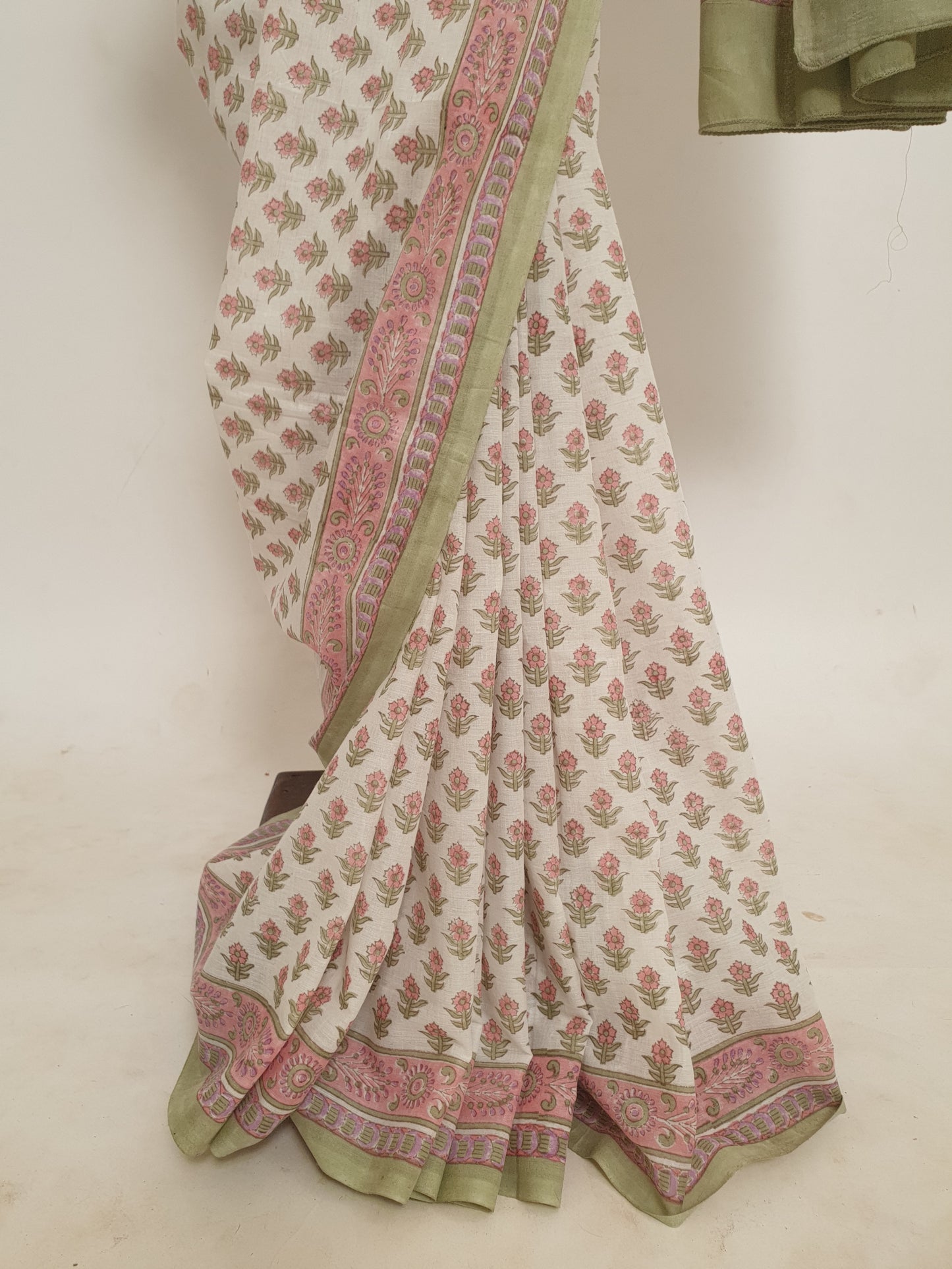 White And Green Block Printed Cotton Saree