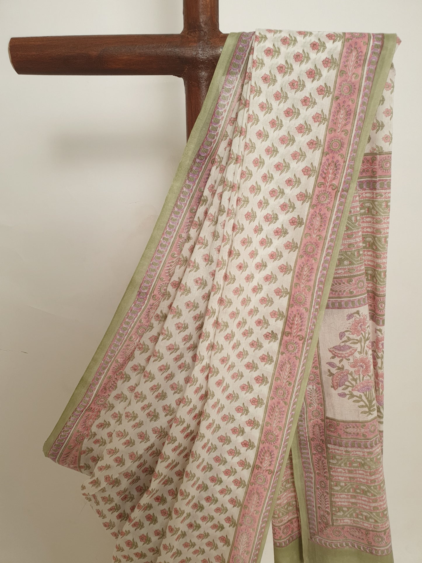 White And Green Block Printed Cotton Saree