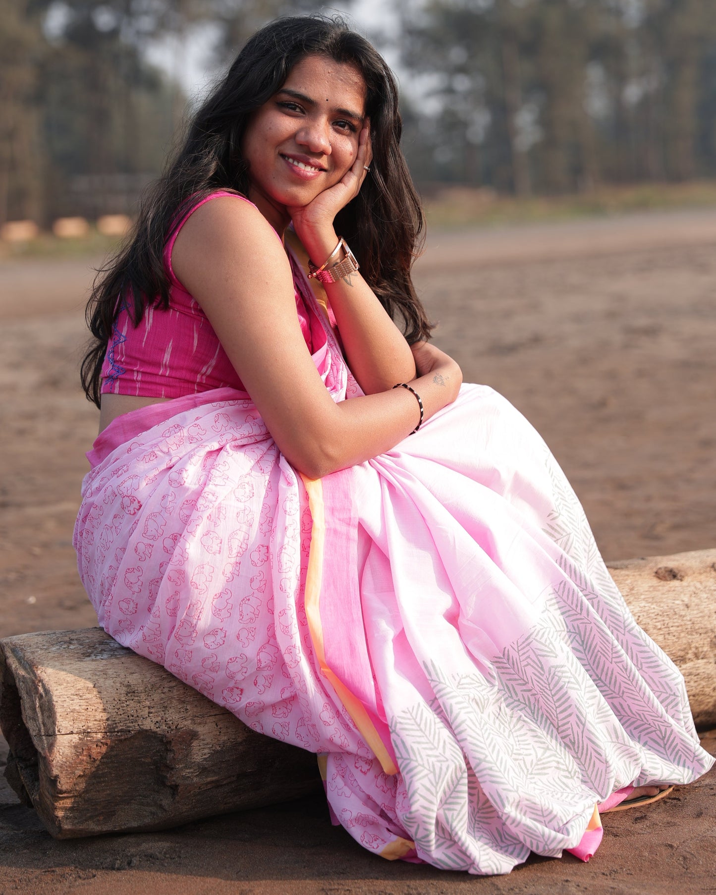 Baby Pink Block Printed Cotton Saree