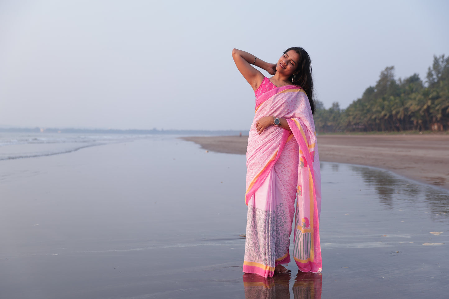 Baby Pink Block Printed Cotton Saree