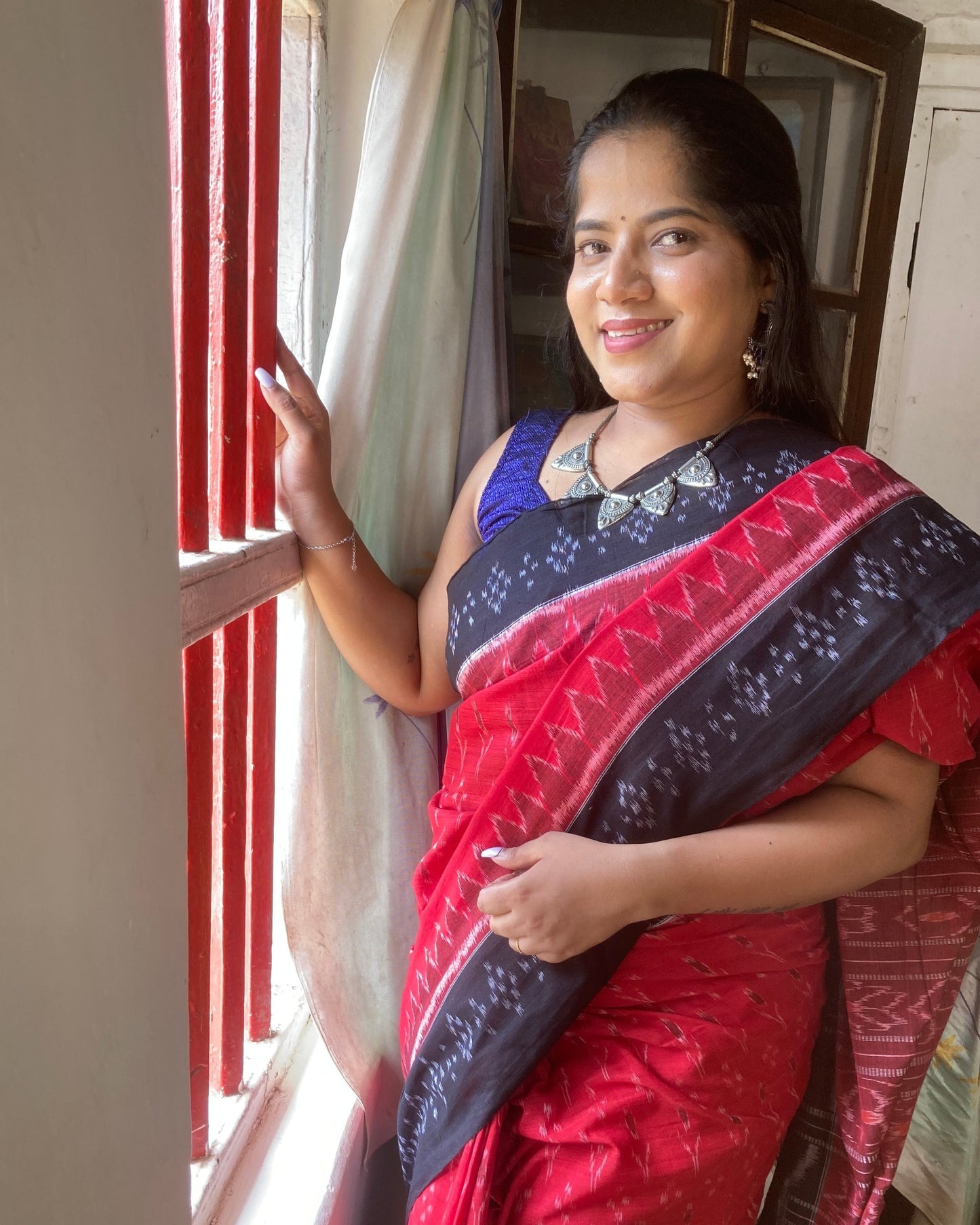 Brick Red Sambalpuri Ikkat saree