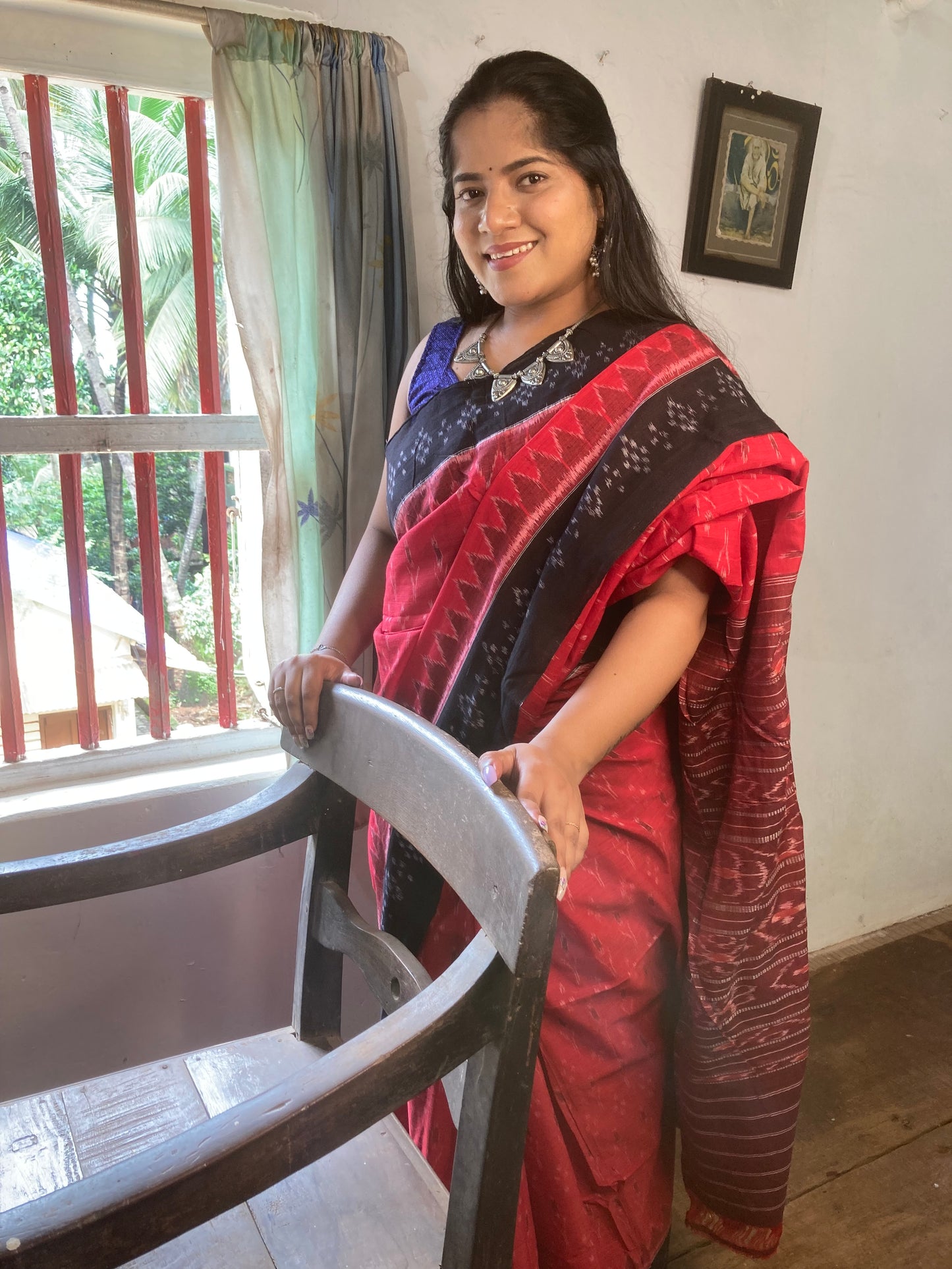 Brick Red Sambalpuri Ikkat saree