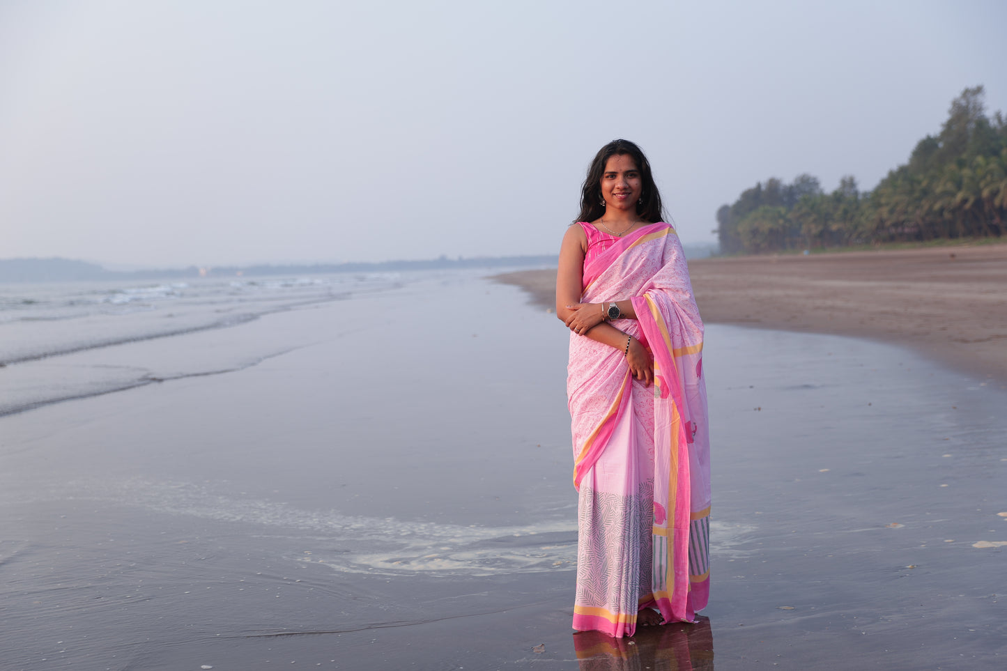 Baby Pink Block Printed Cotton Saree
