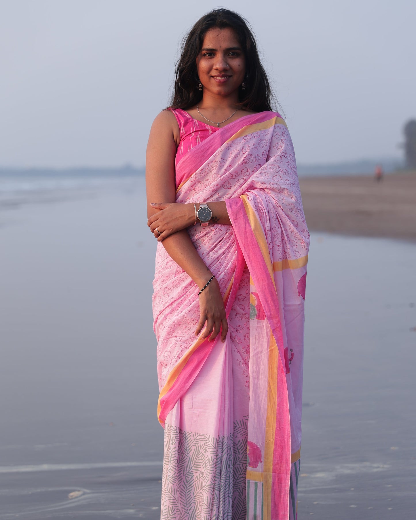 Baby Pink Block Printed Cotton Saree