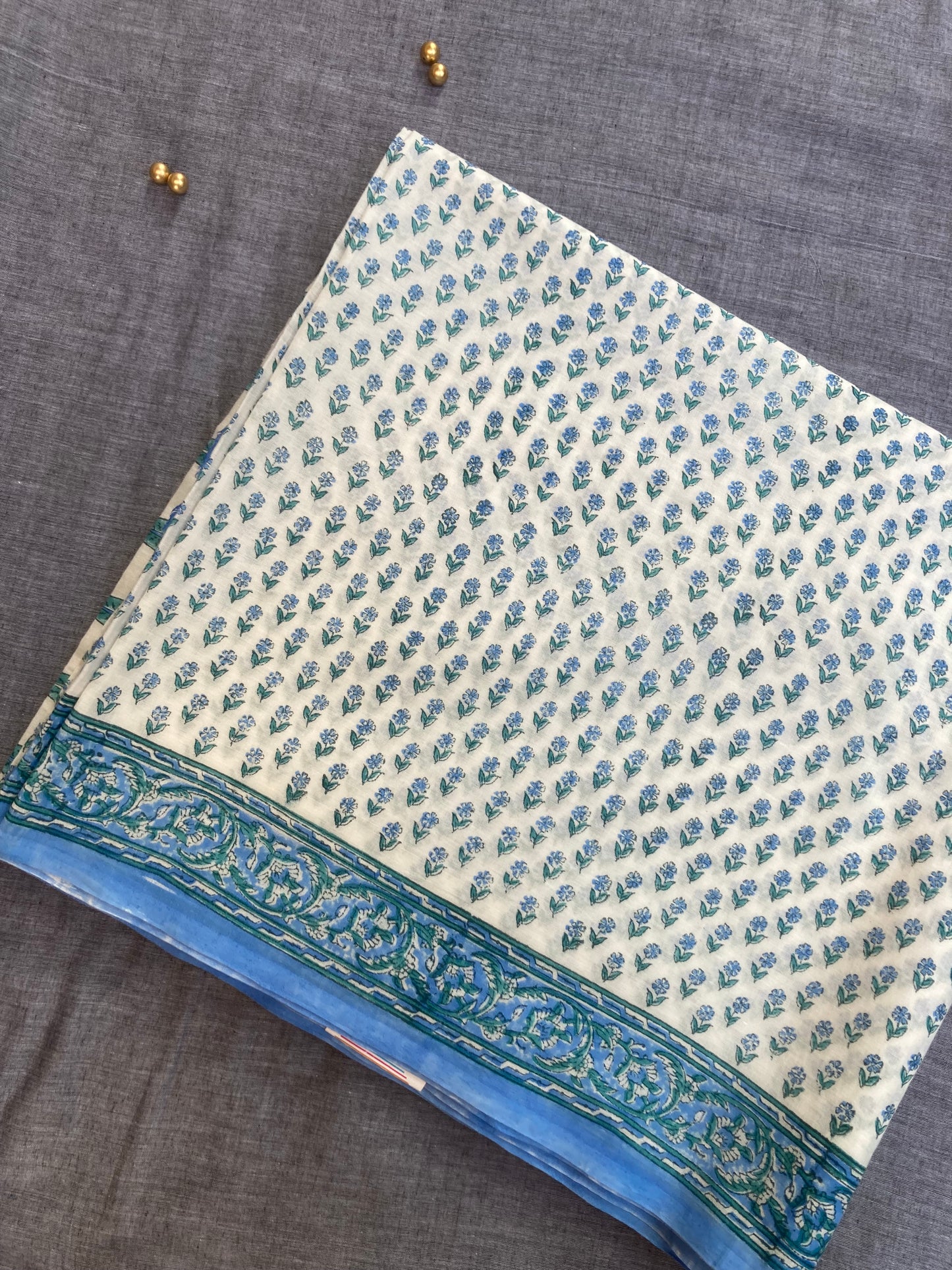 White Block Printed Cotton Saree