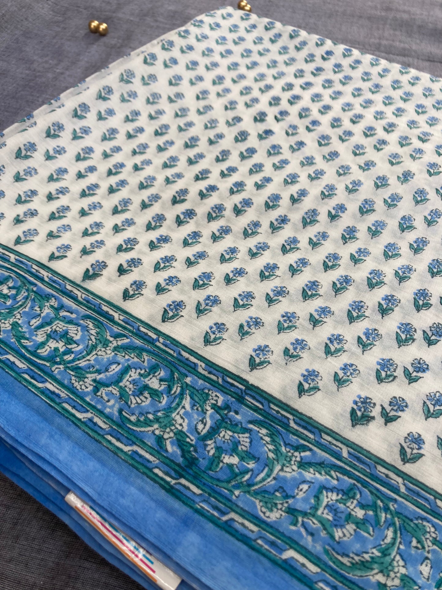 White Block Printed Cotton Saree