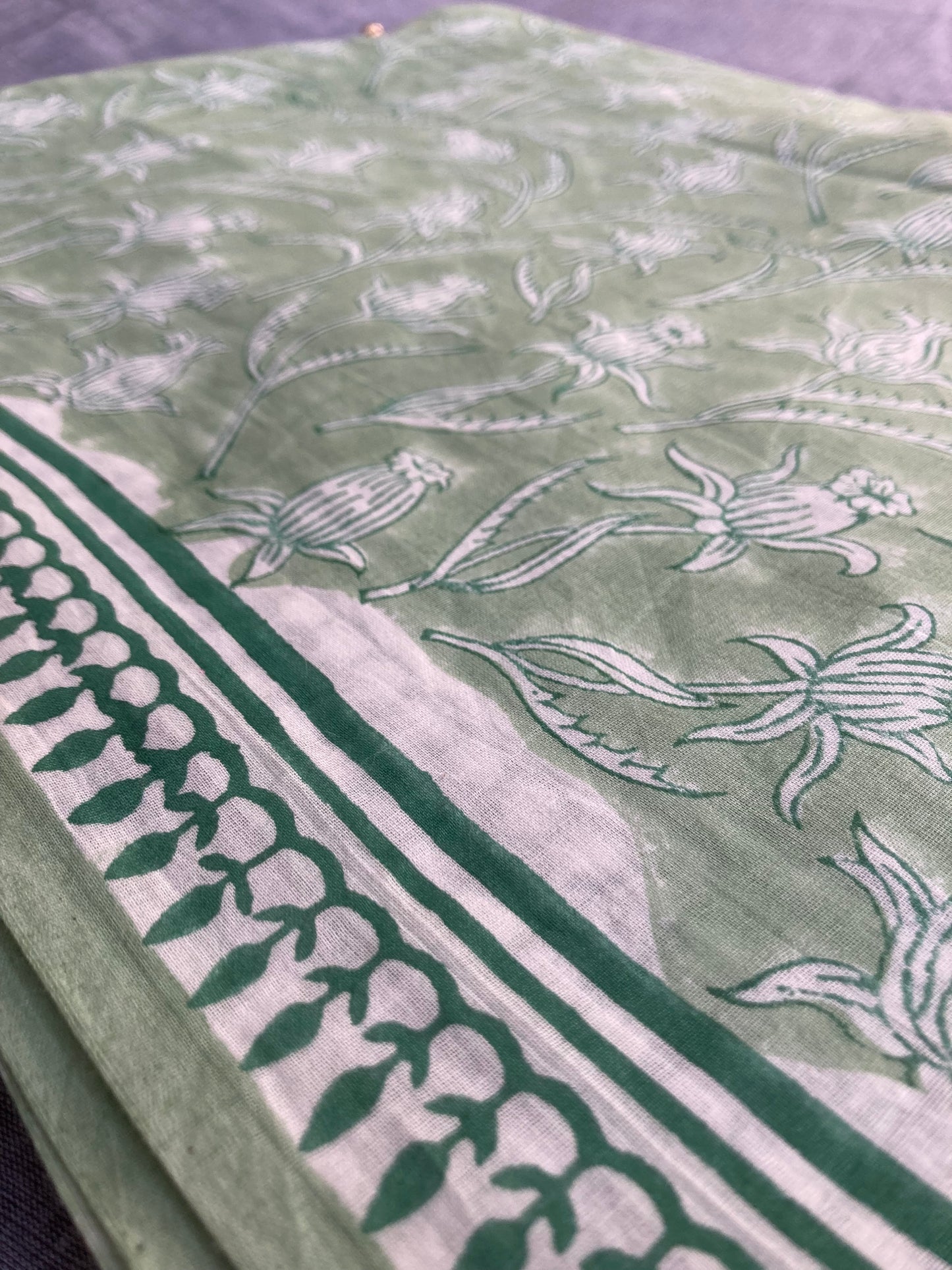 Pastel Green Block Printed Cotton Saree