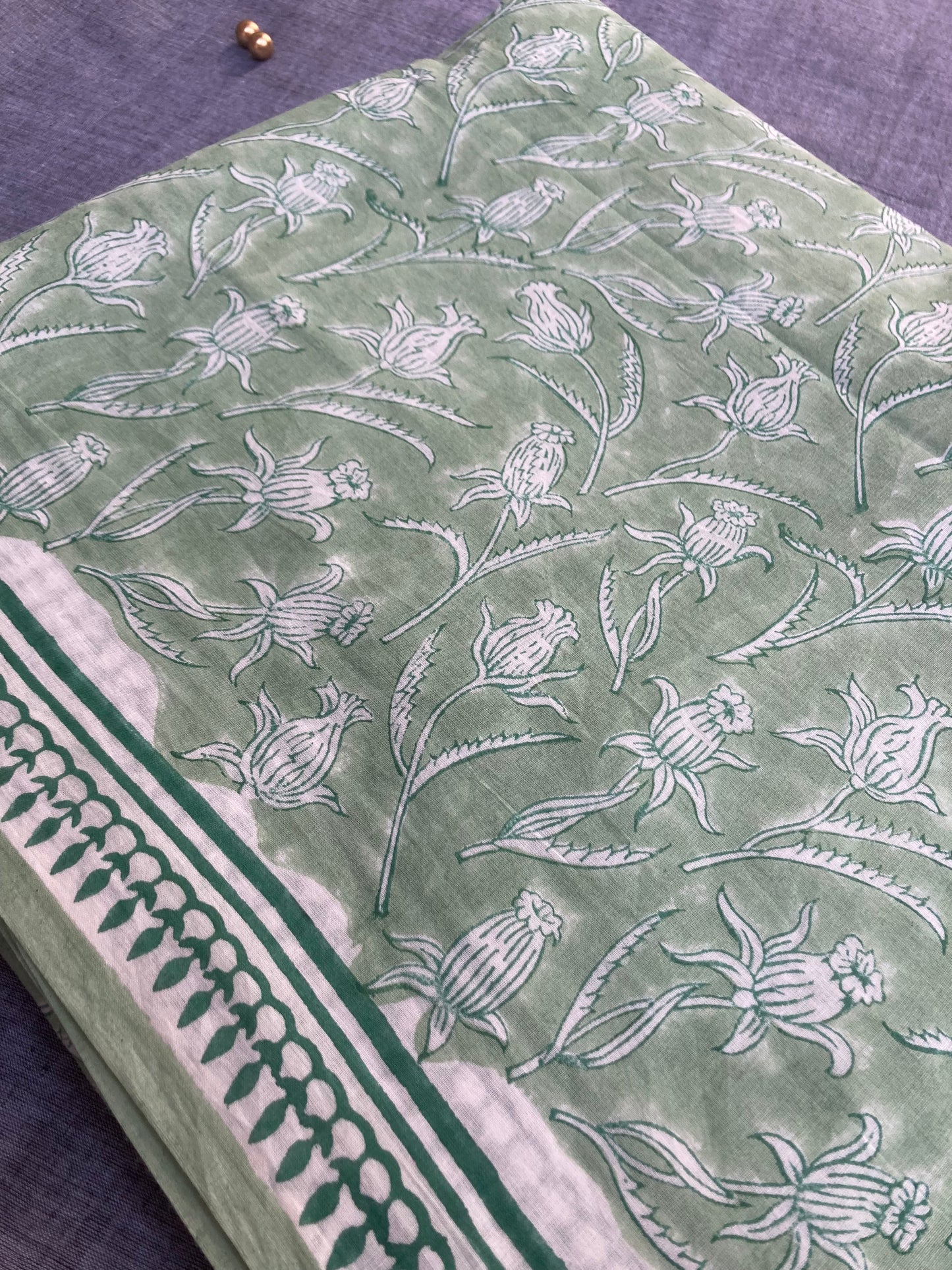 Pastel Green Block Printed Cotton Saree