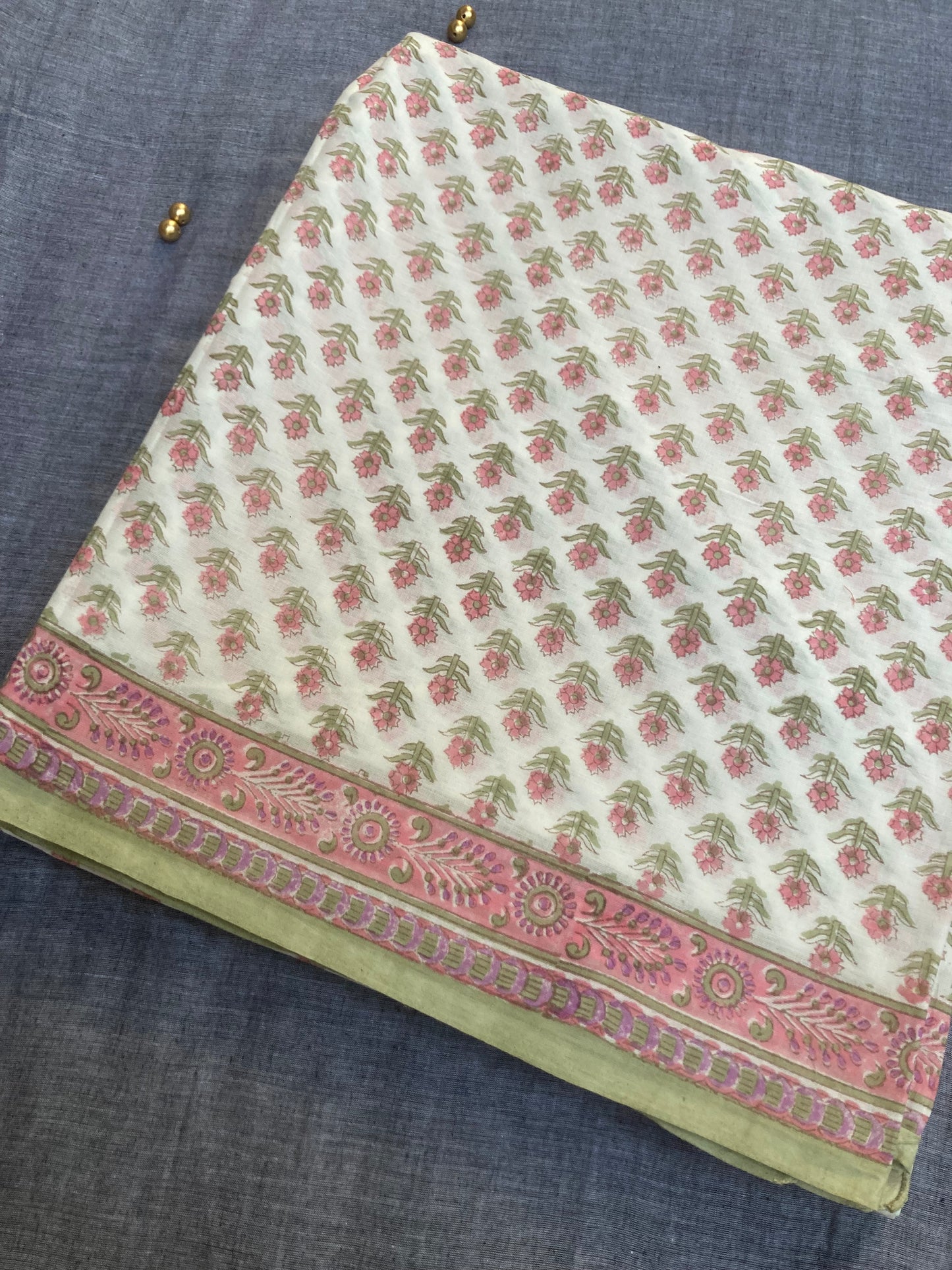 White And Green Block Printed Cotton Saree
