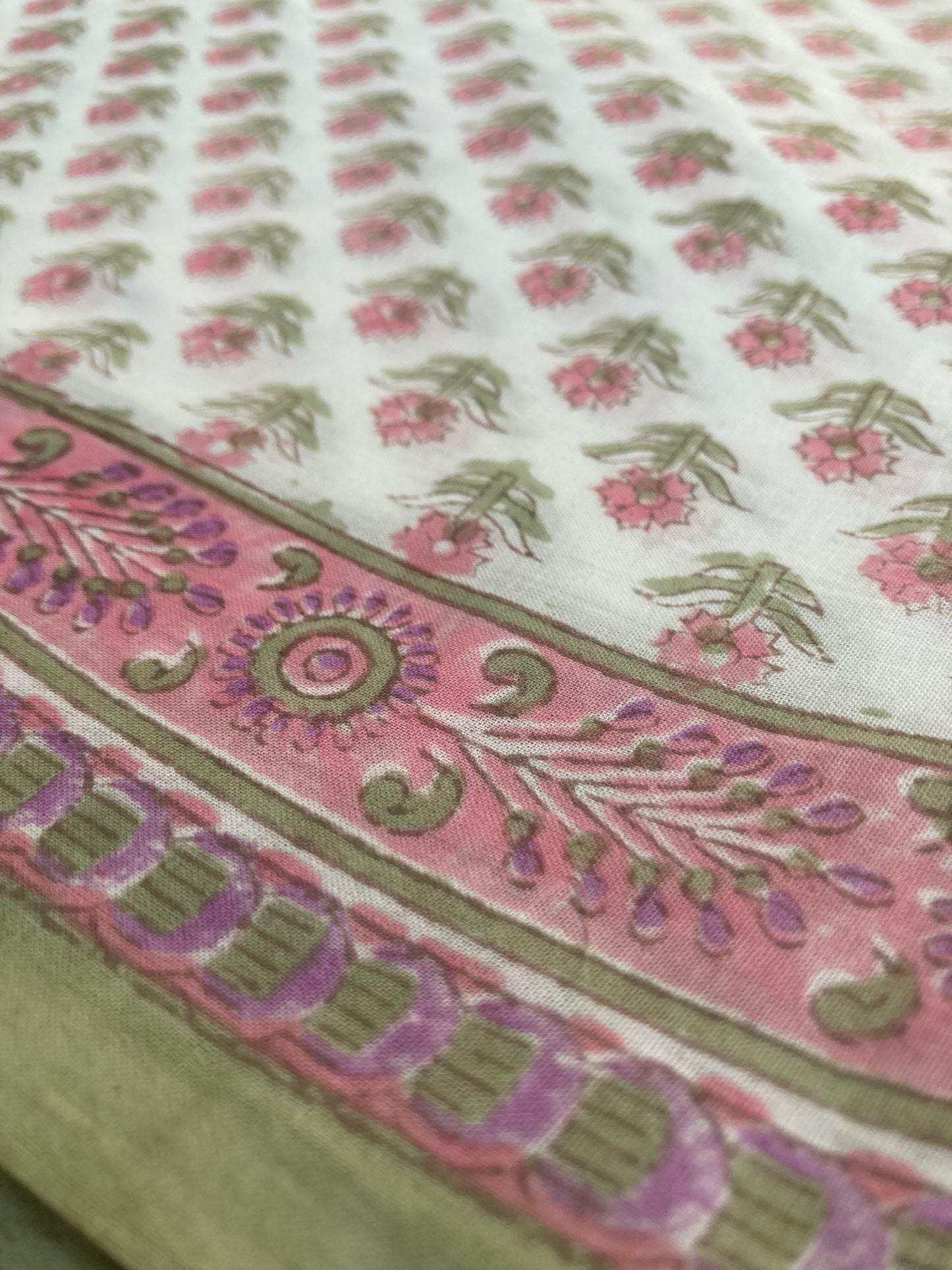 White And Green Block Printed Cotton Saree
