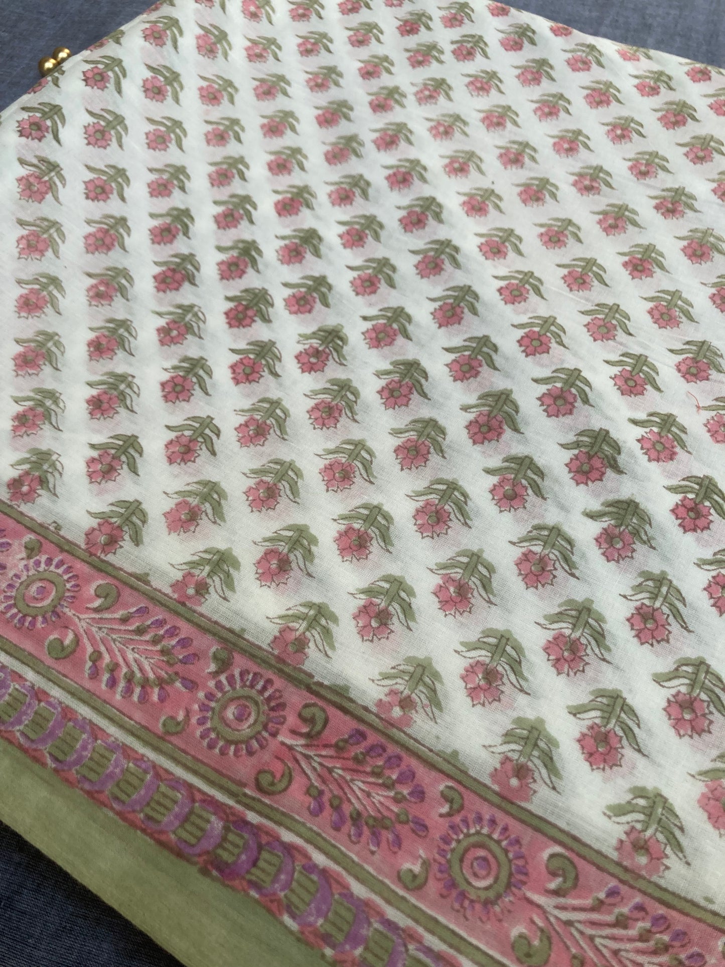White And Green Block Printed Cotton Saree