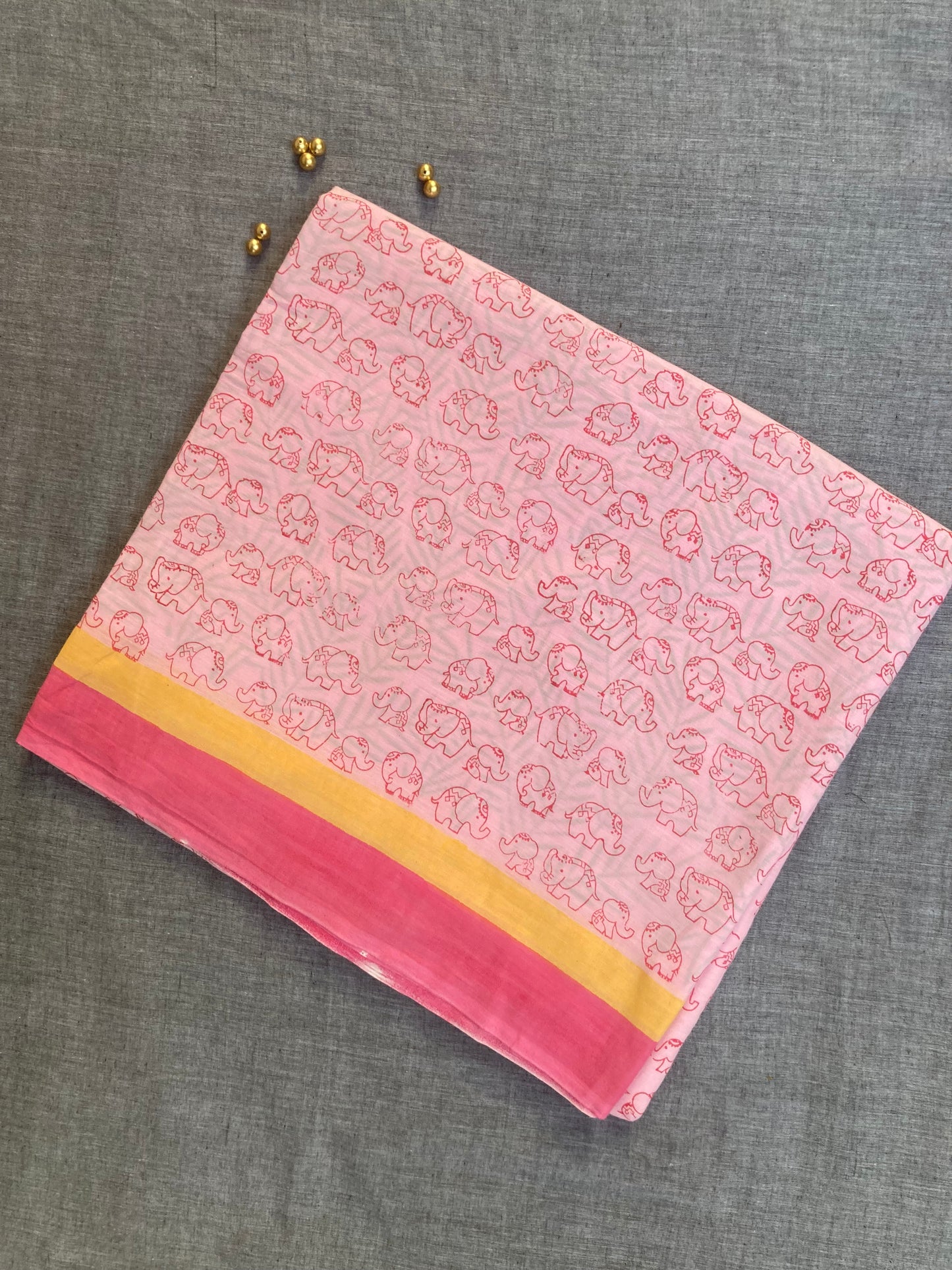 Baby Pink Block Printed Cotton Saree