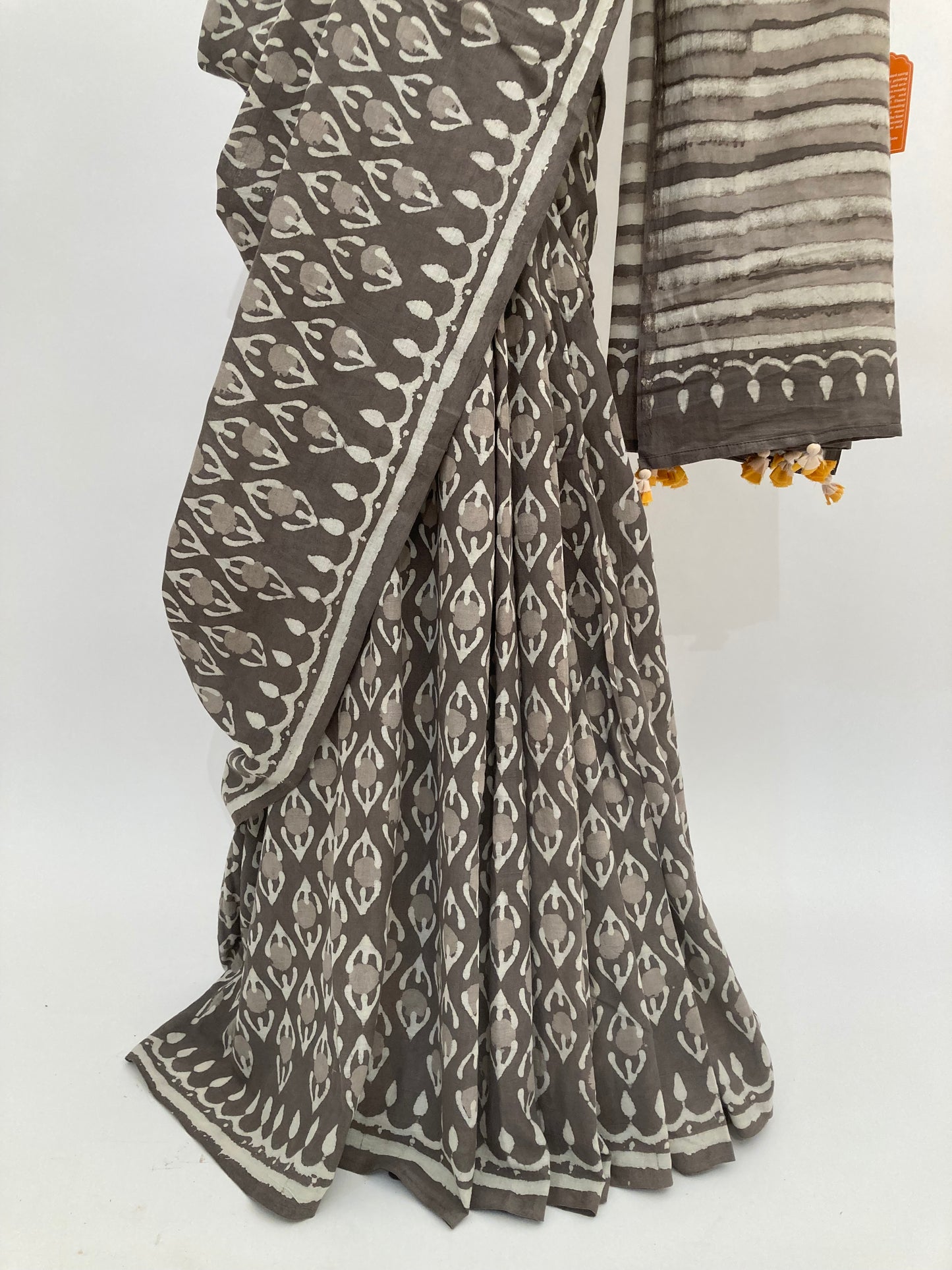 Gray Block Printed Cotton Saree