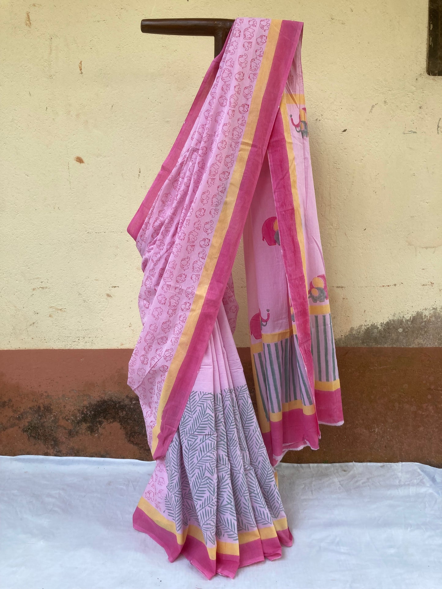 Baby Pink Block Printed Cotton Saree