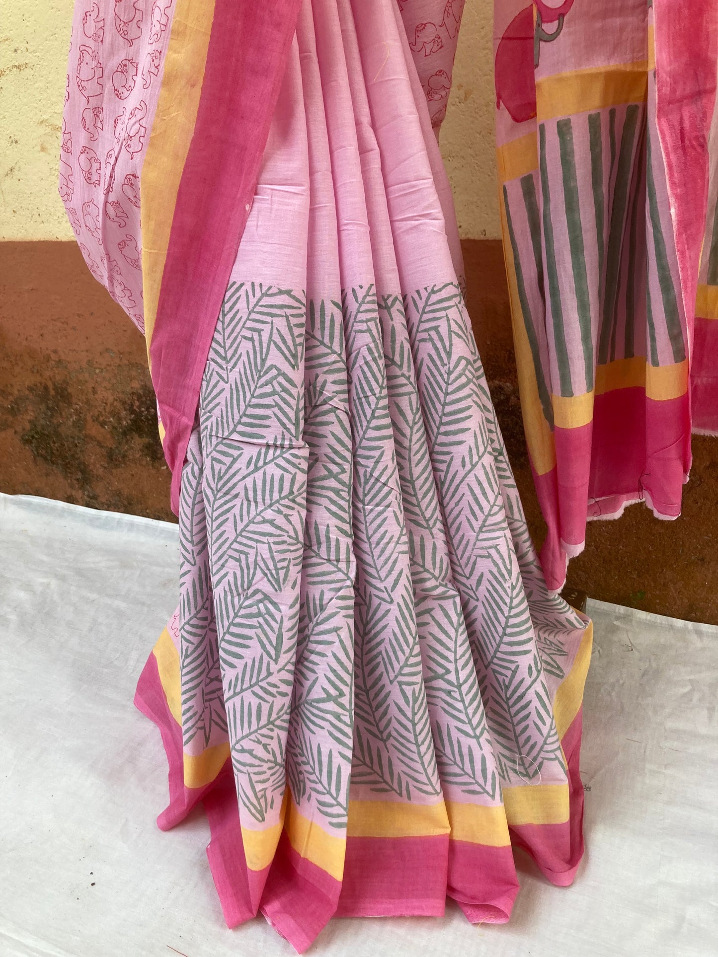 Baby Pink Block Printed Cotton Saree