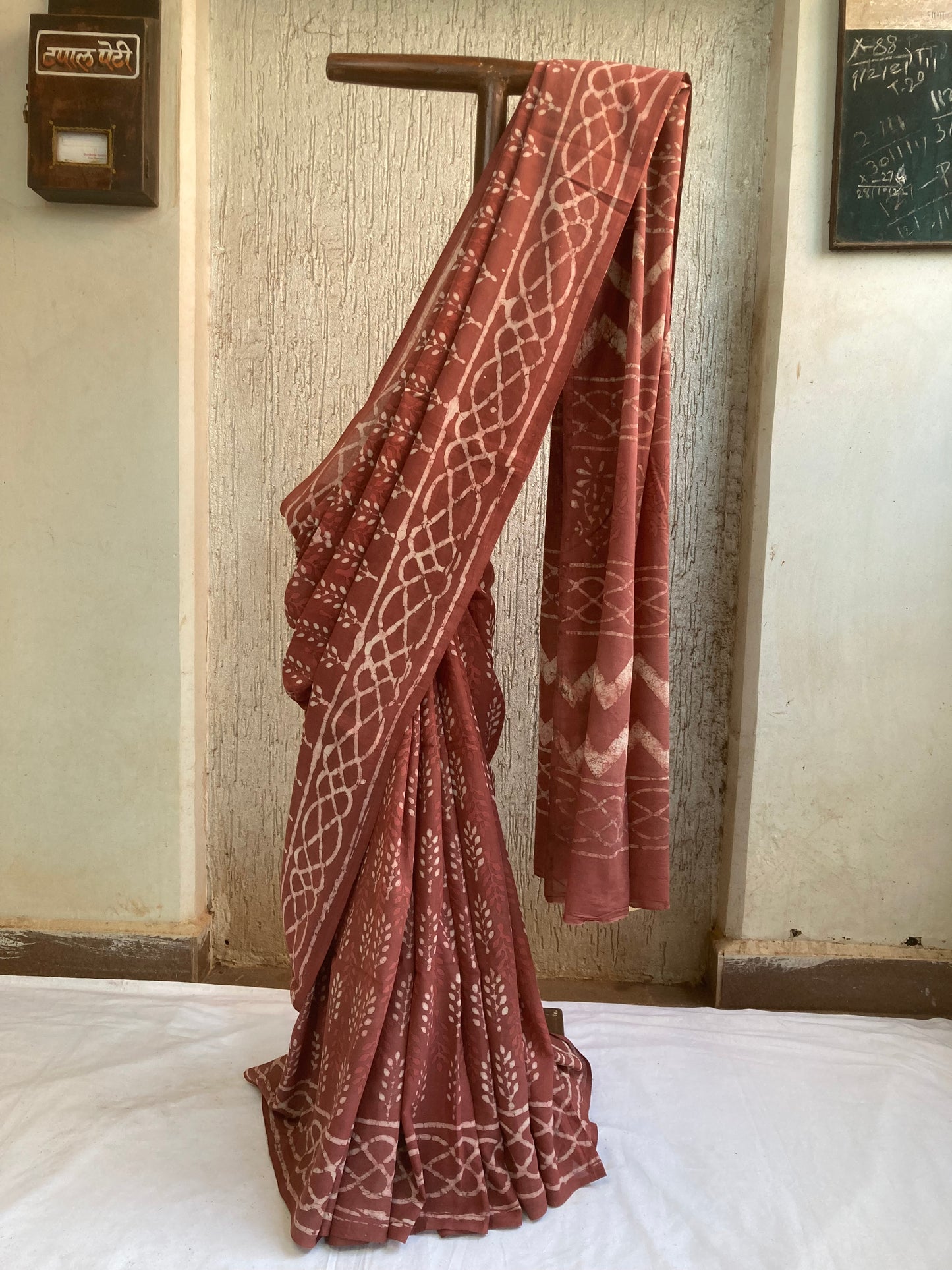 Vermilion Block Printed Cotton Saree