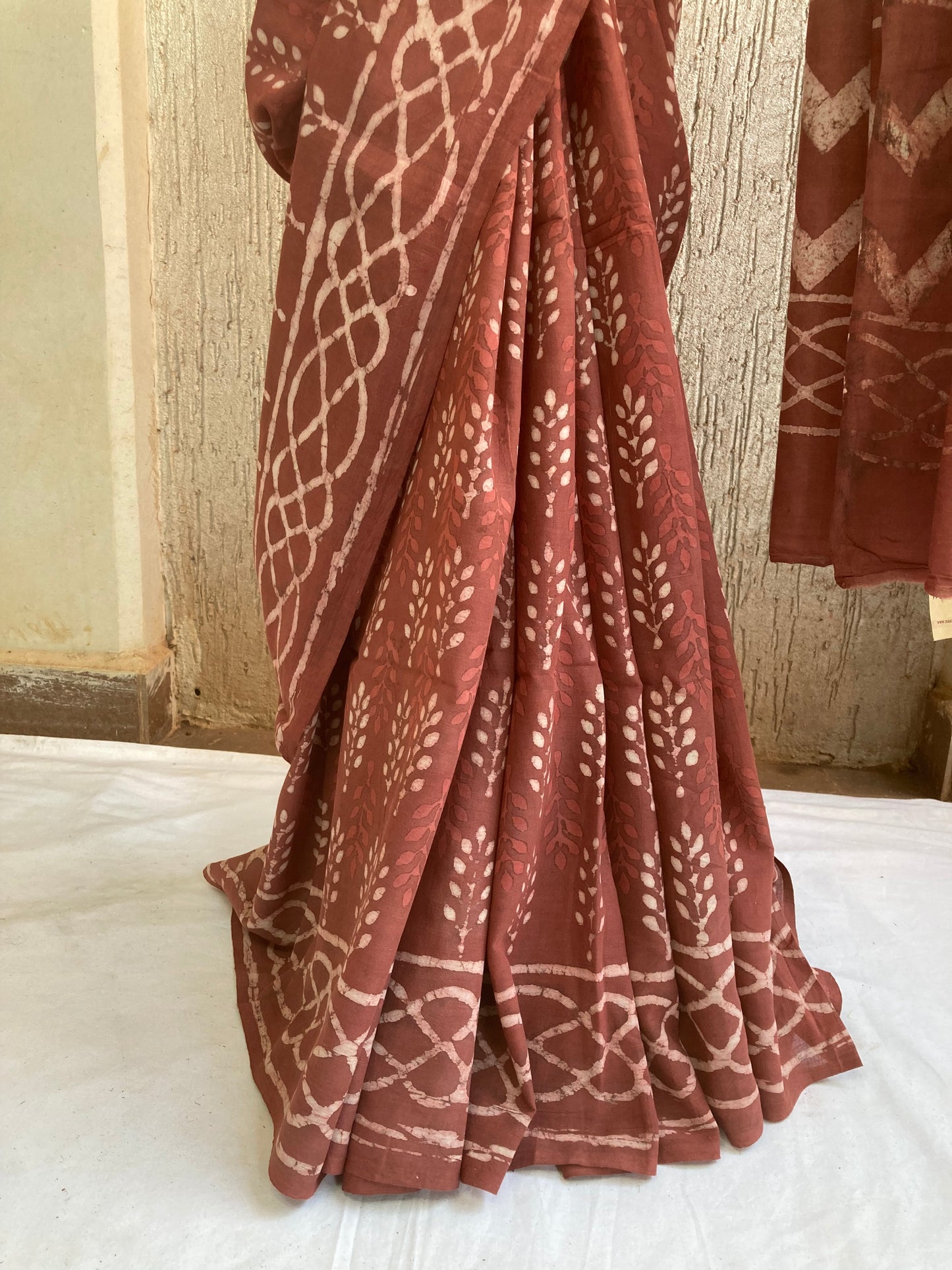 Vermilion Block Printed Cotton Saree