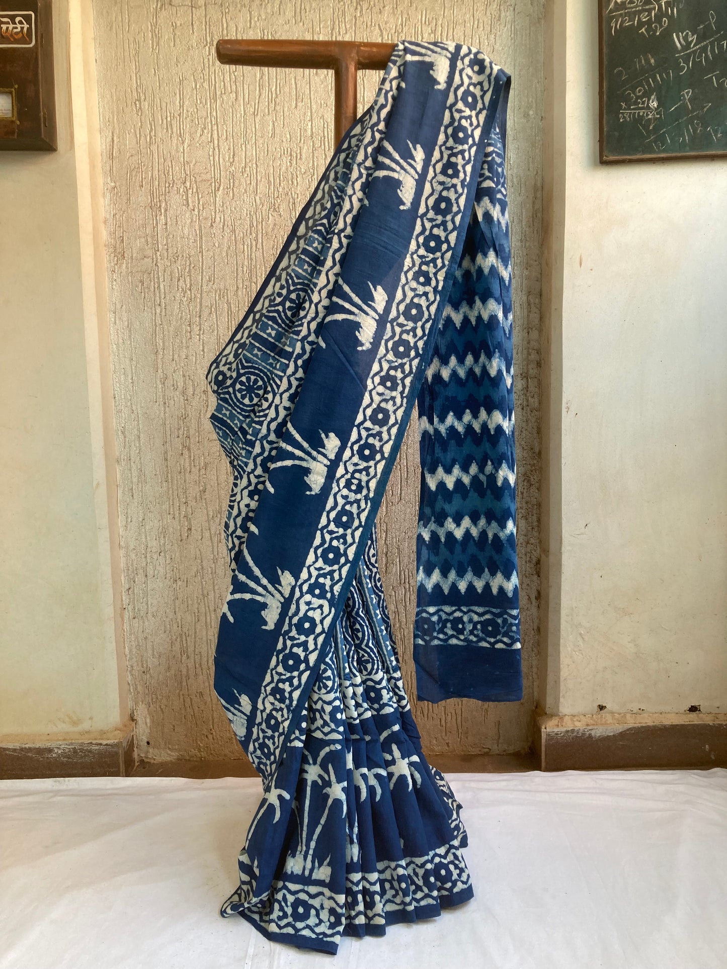 Indigo Block Printed Cotton Saree