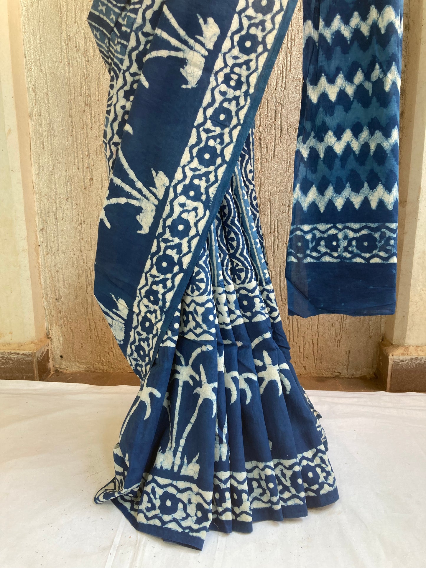 Indigo Block Printed Cotton Saree
