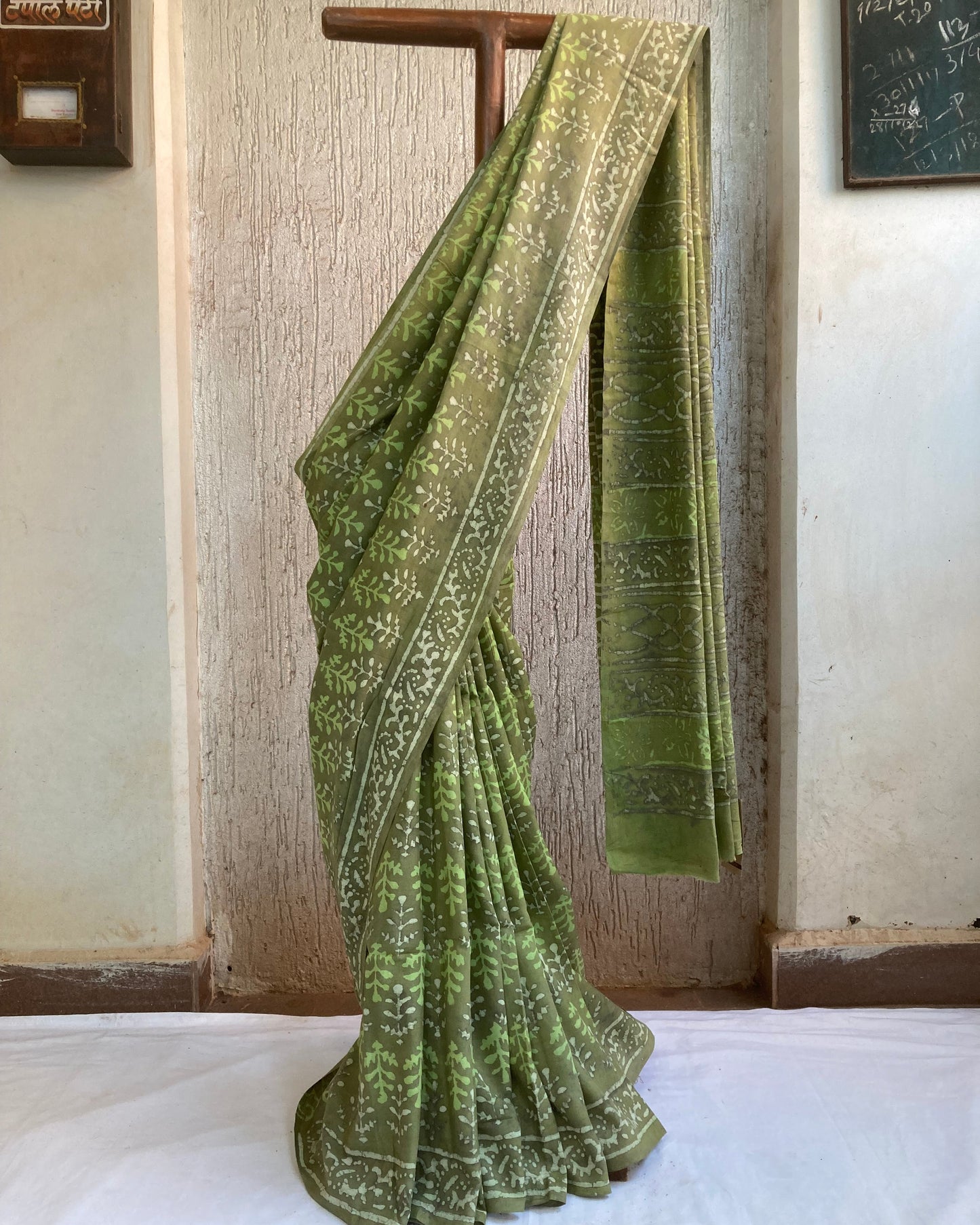 Apple Green Block Printed Cotton Saree