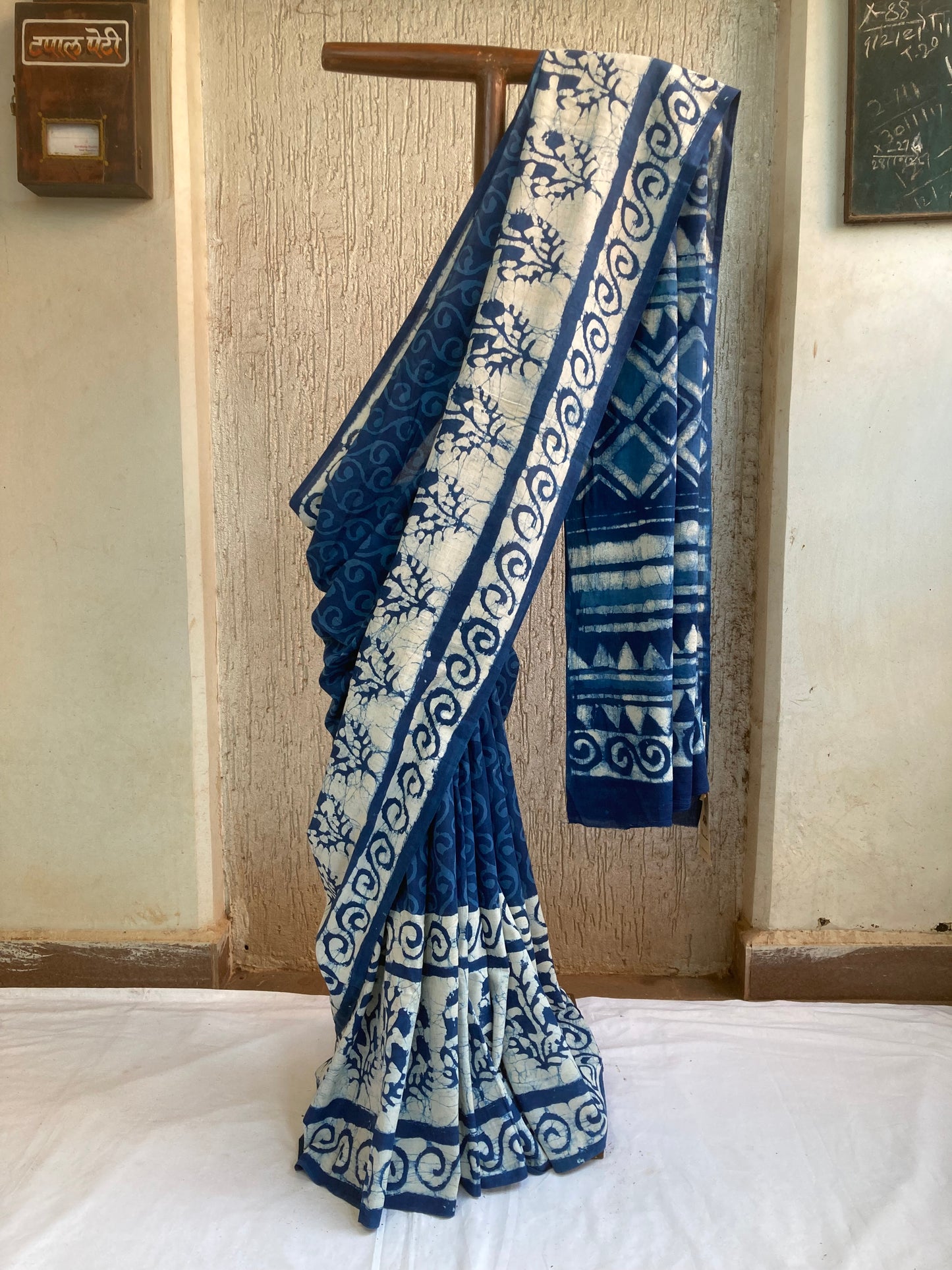 Indigo Block Printed Cotton Saree