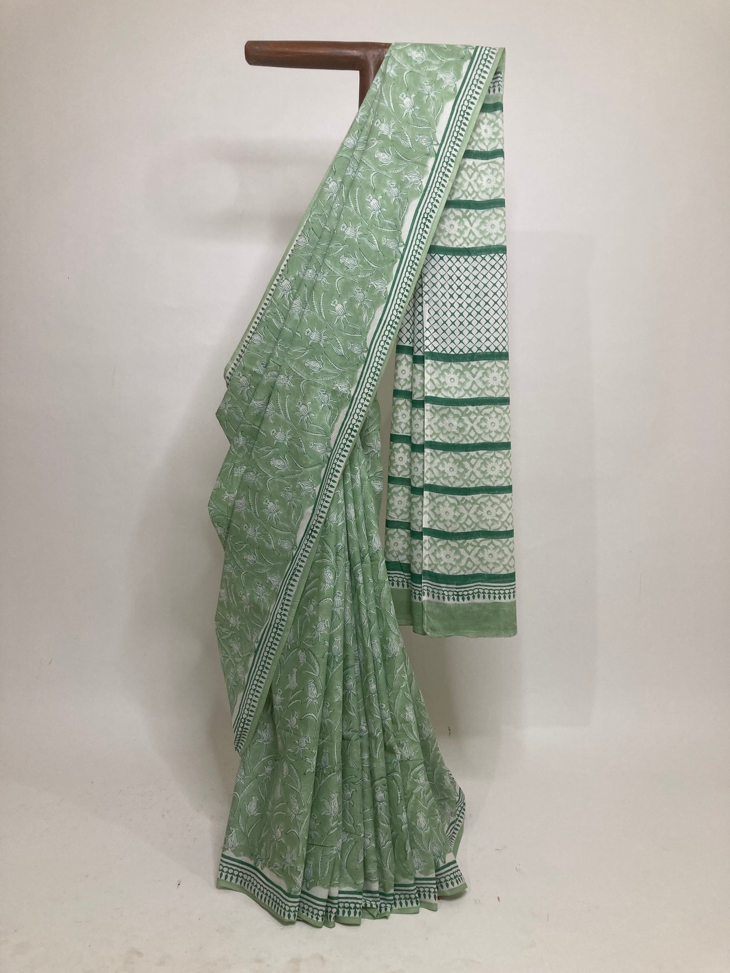 Pastel Green Block Printed Cotton Saree