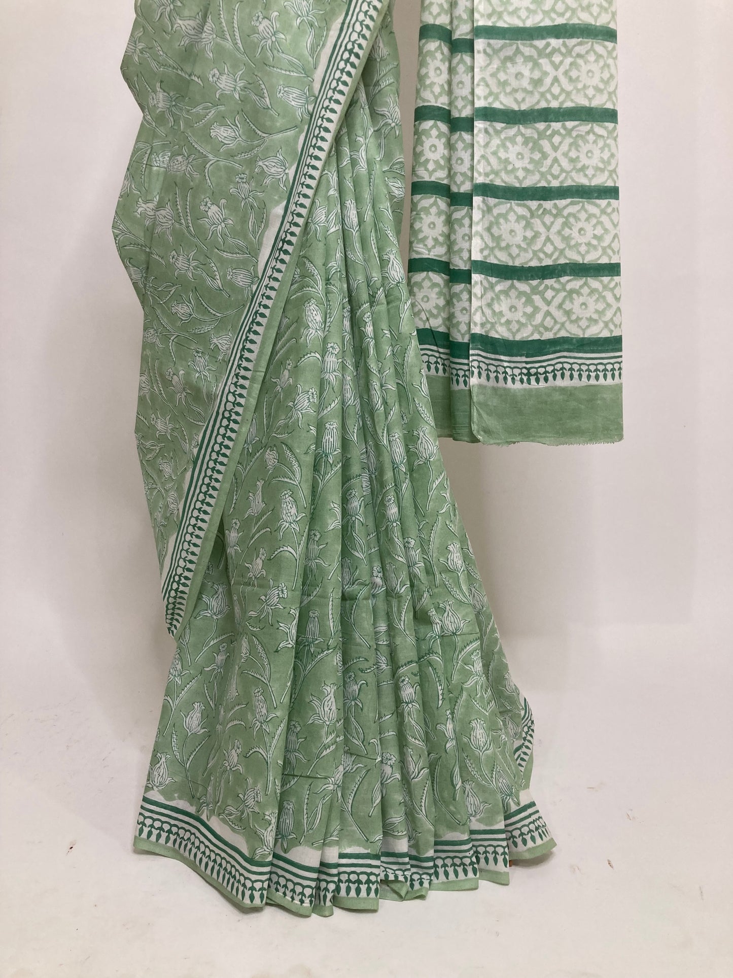 Pastel Green Block Printed Cotton Saree