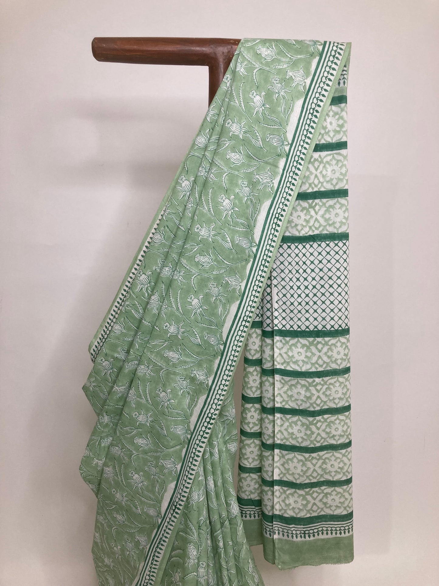 Pastel Green Block Printed Cotton Saree