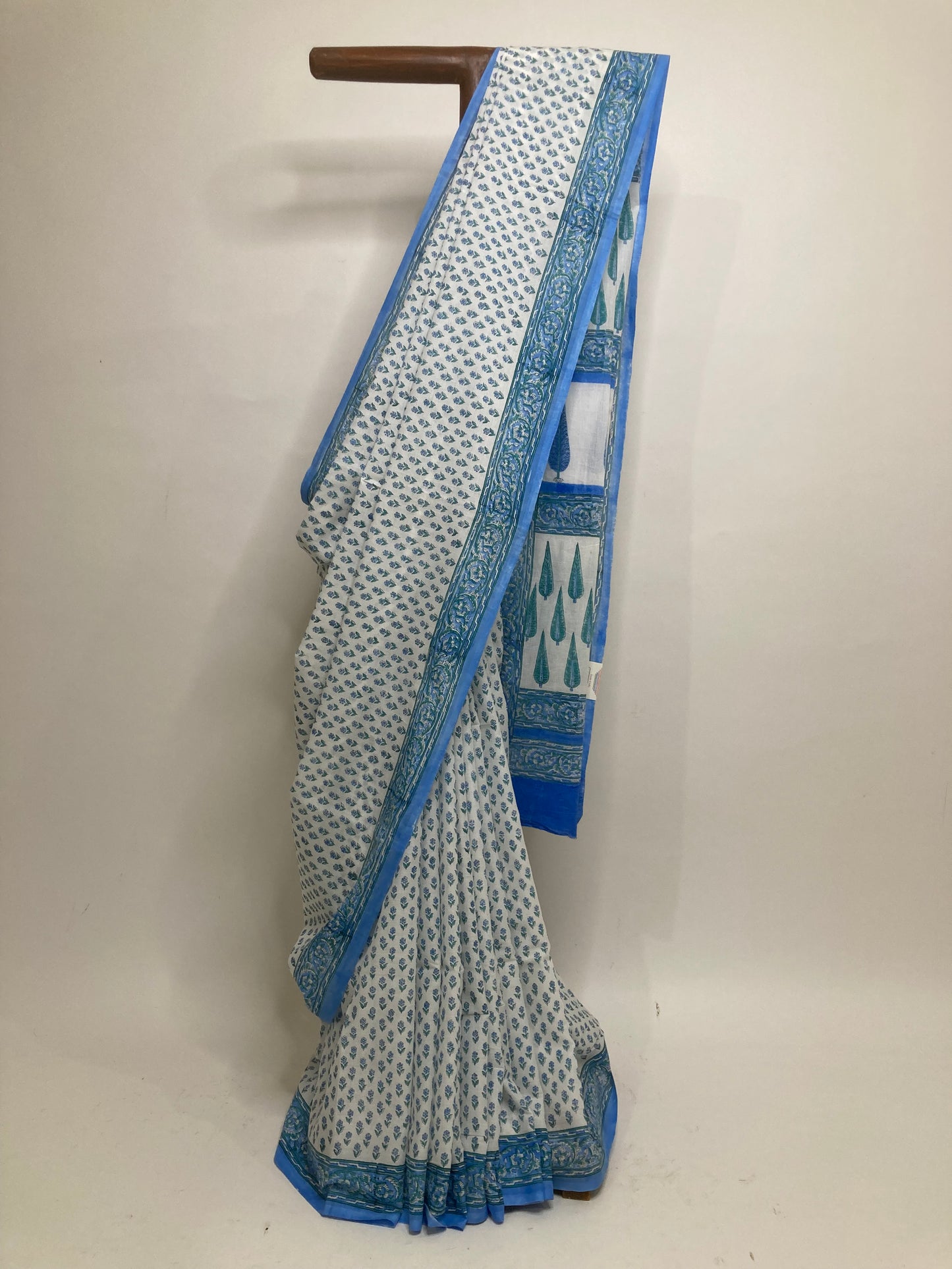 White Block Printed Cotton Saree