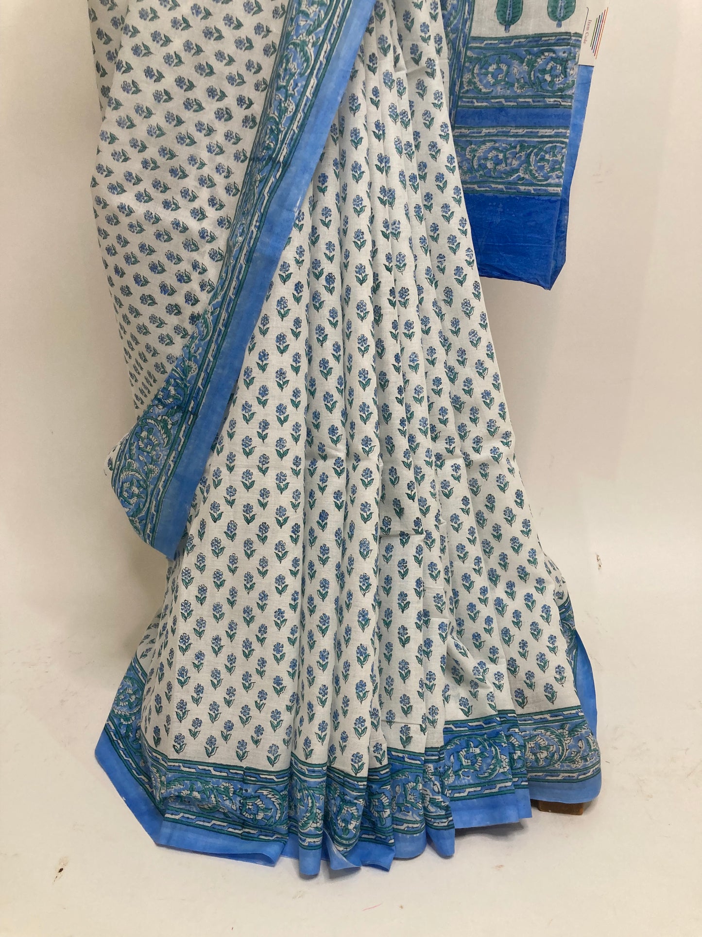 White Block Printed Cotton Saree