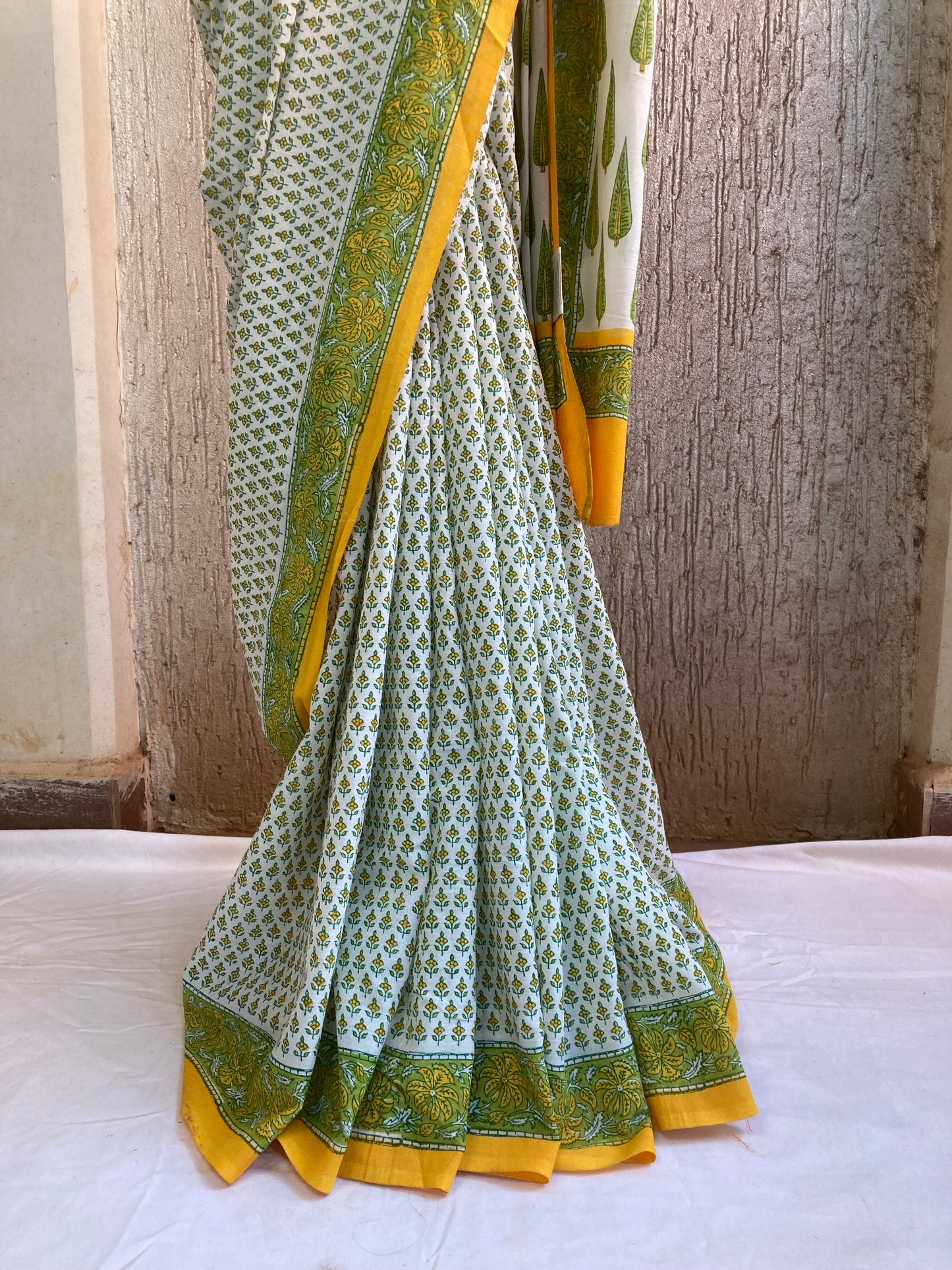 White Block Printed Saree