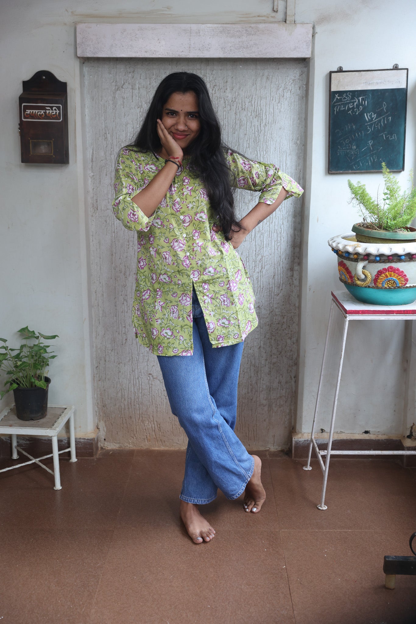 Light Green Short Block Printed Cotton Kurta