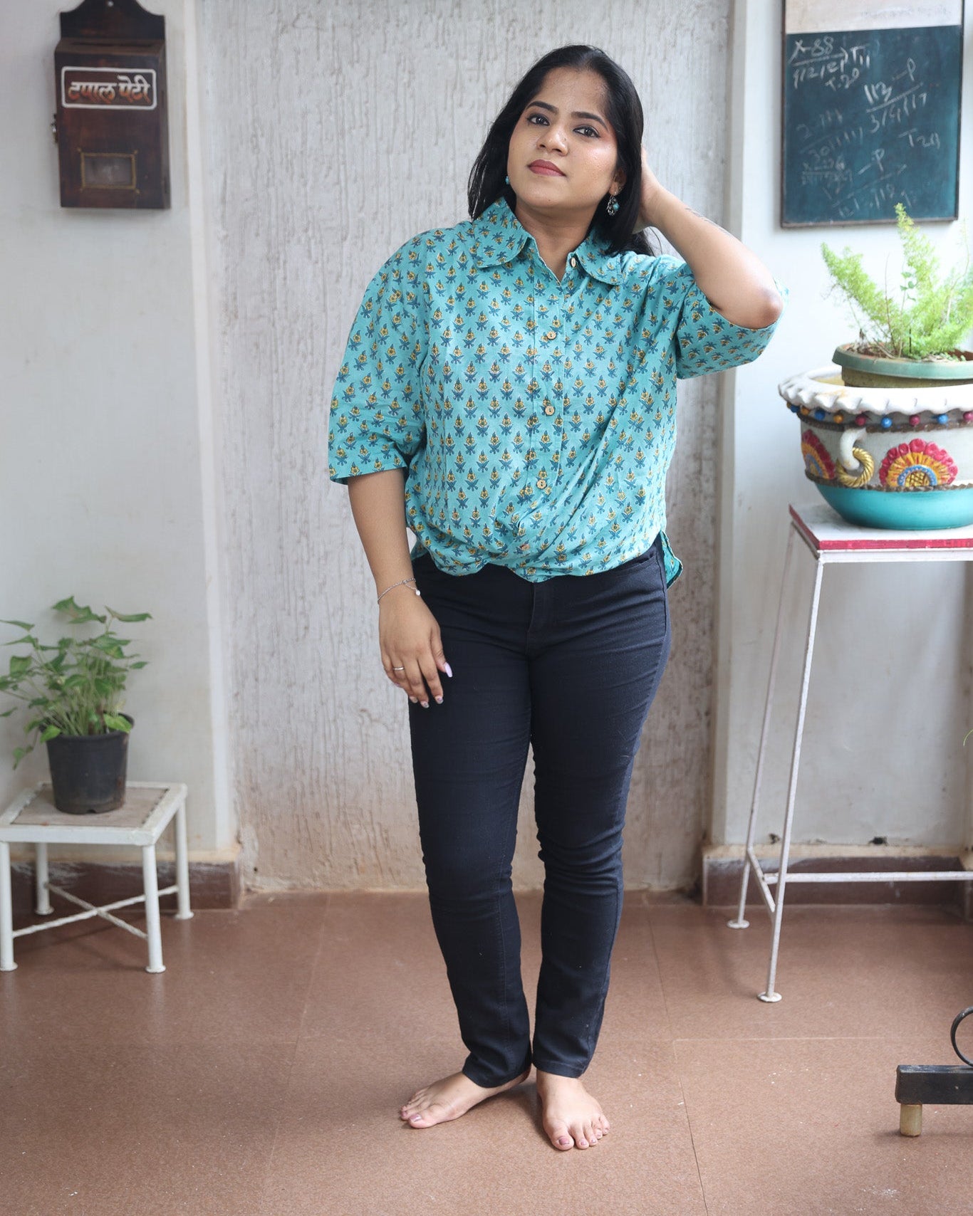 Dark Green Block Printed Cotton Shirt