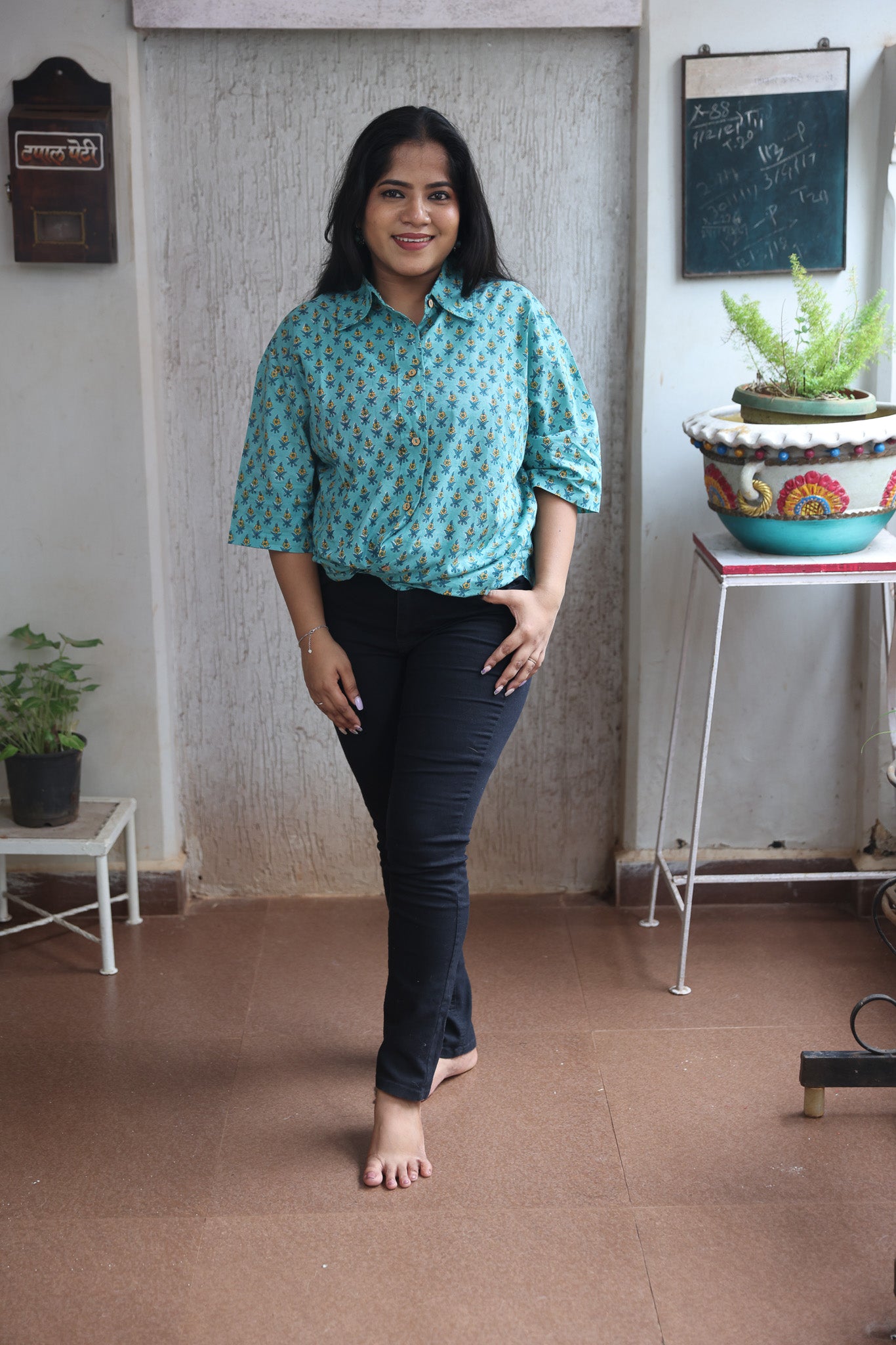 Dark Green Block Printed Cotton Shirt