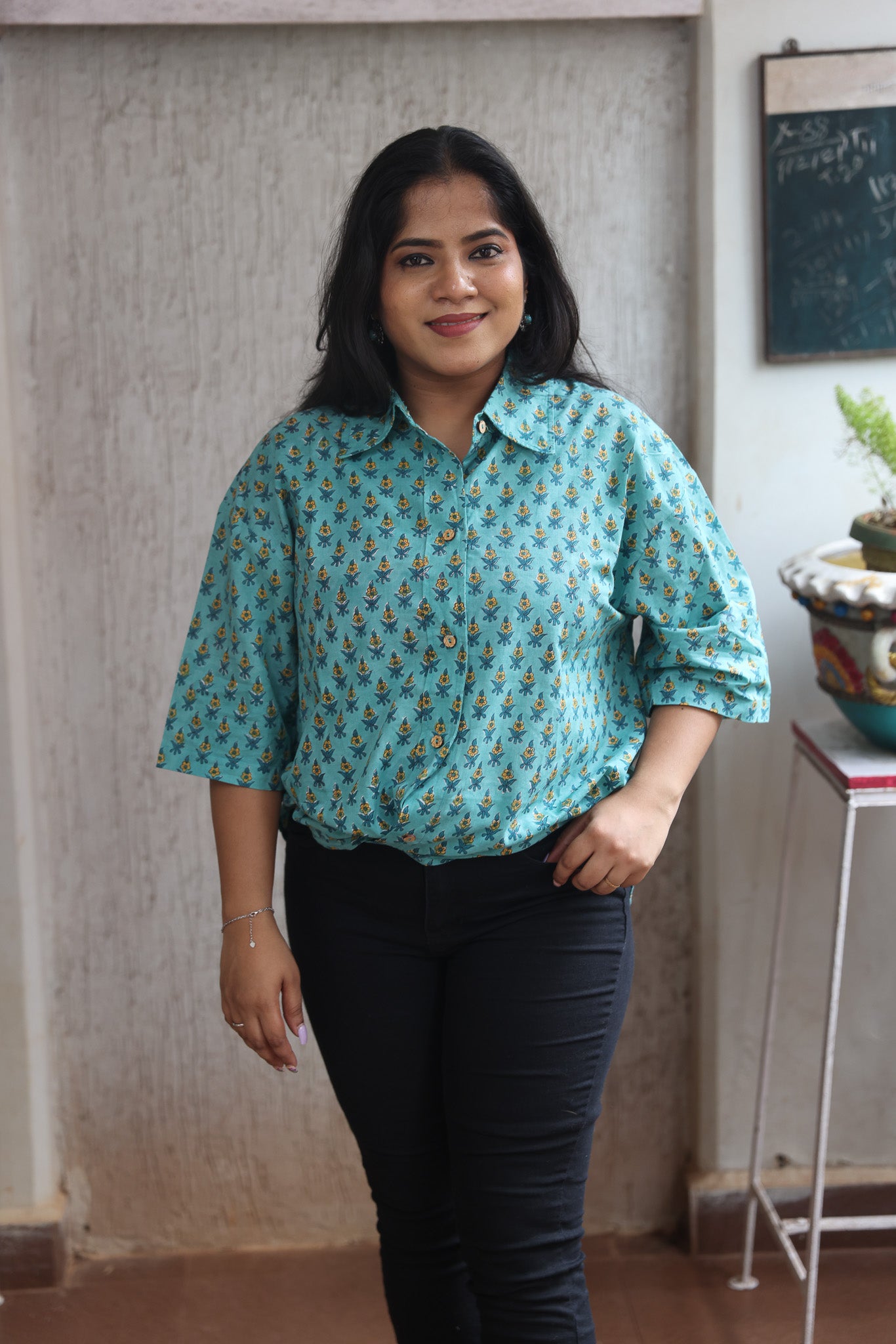 Dark Green Block Printed Cotton Shirt