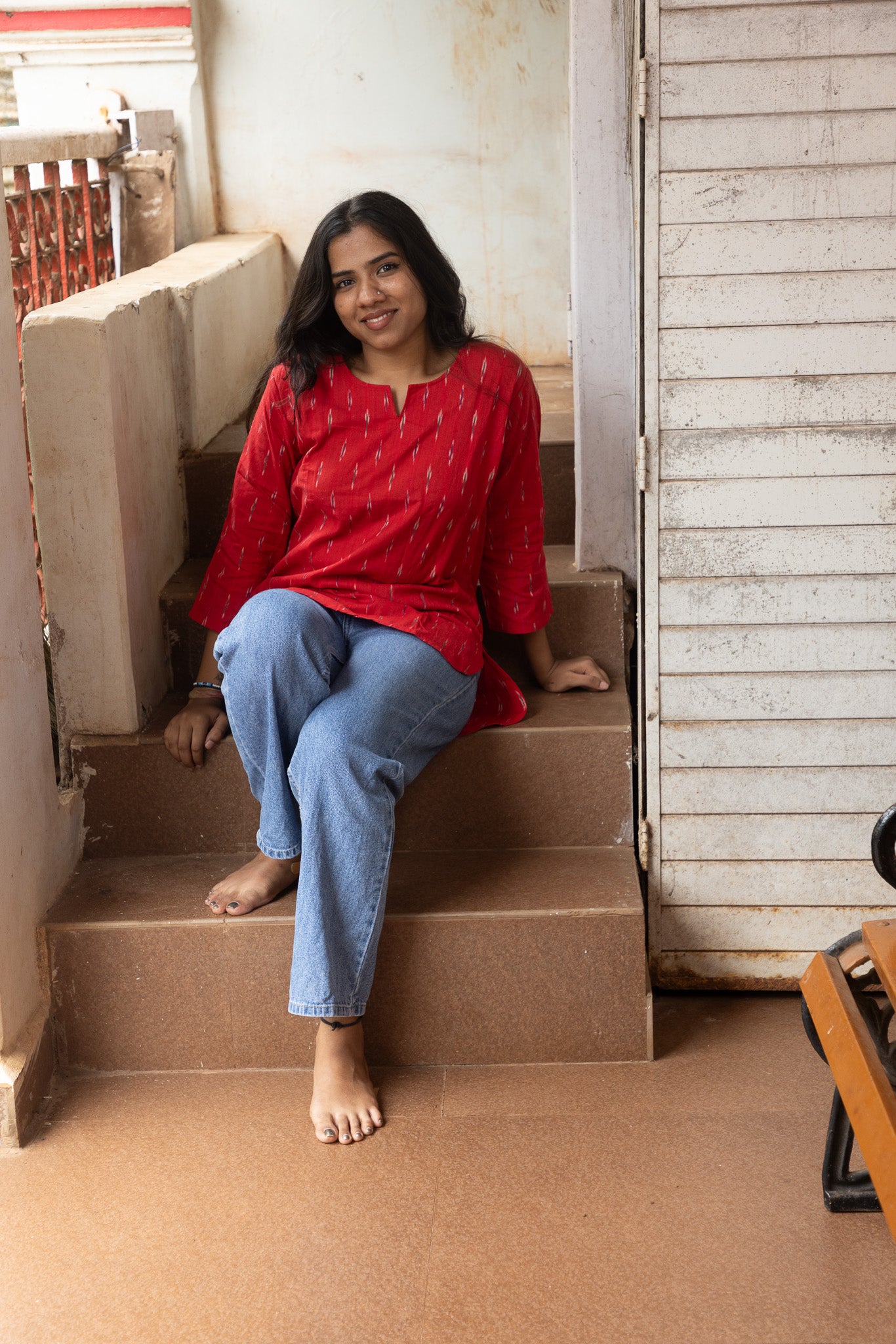Red Ikkat Short Kurta