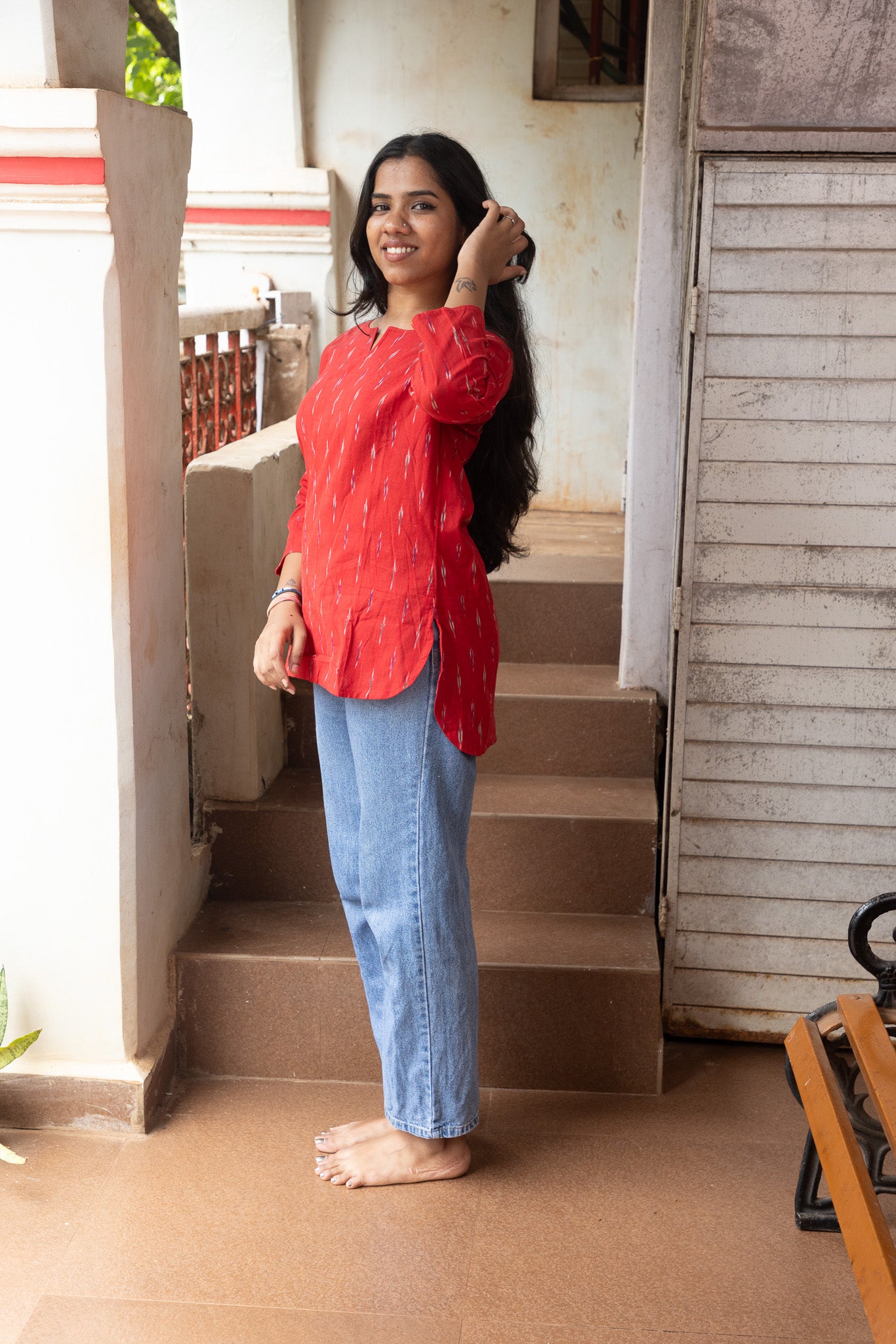 Red Ikkat Short Kurta