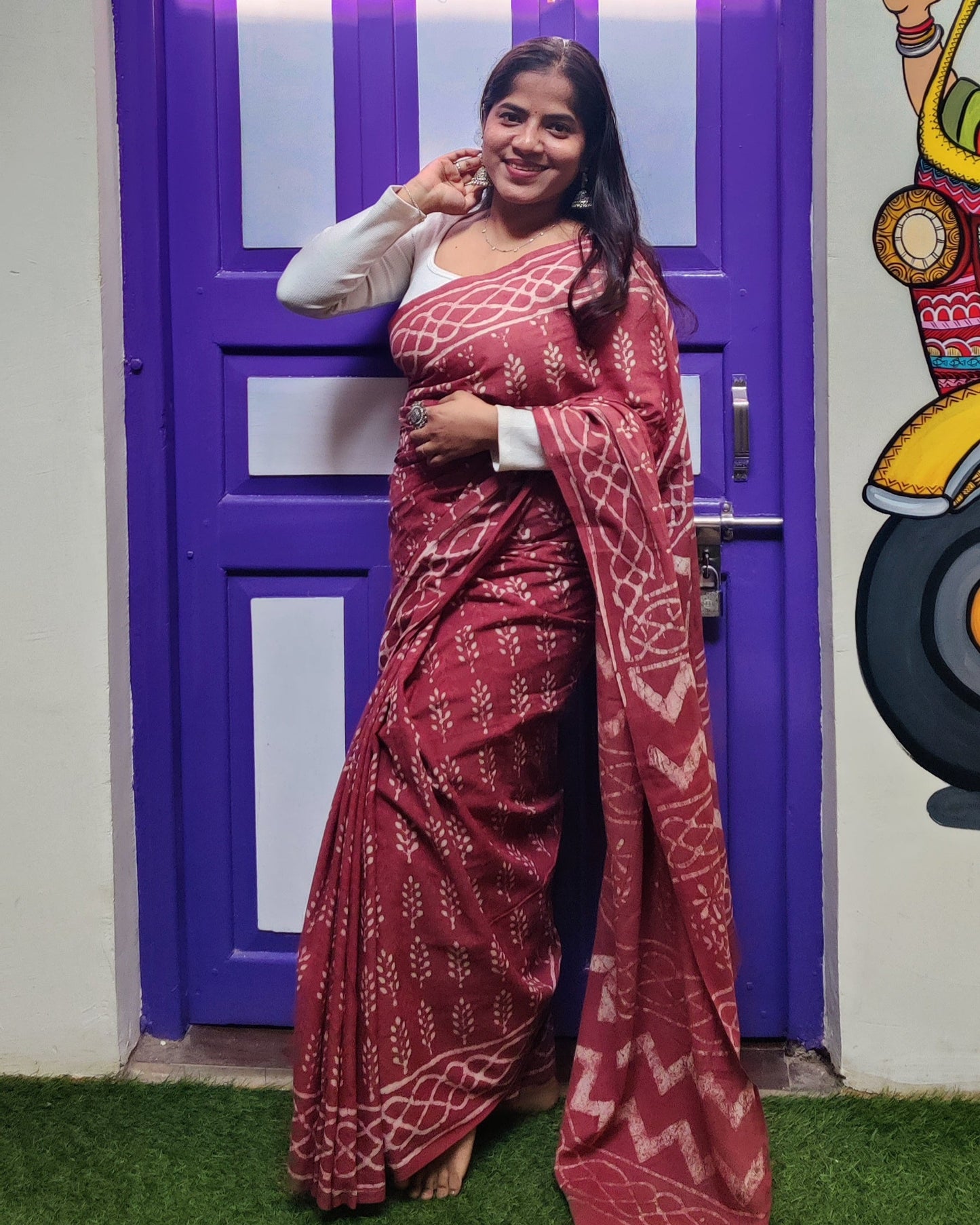 Vermilion Block Printed Cotton Saree