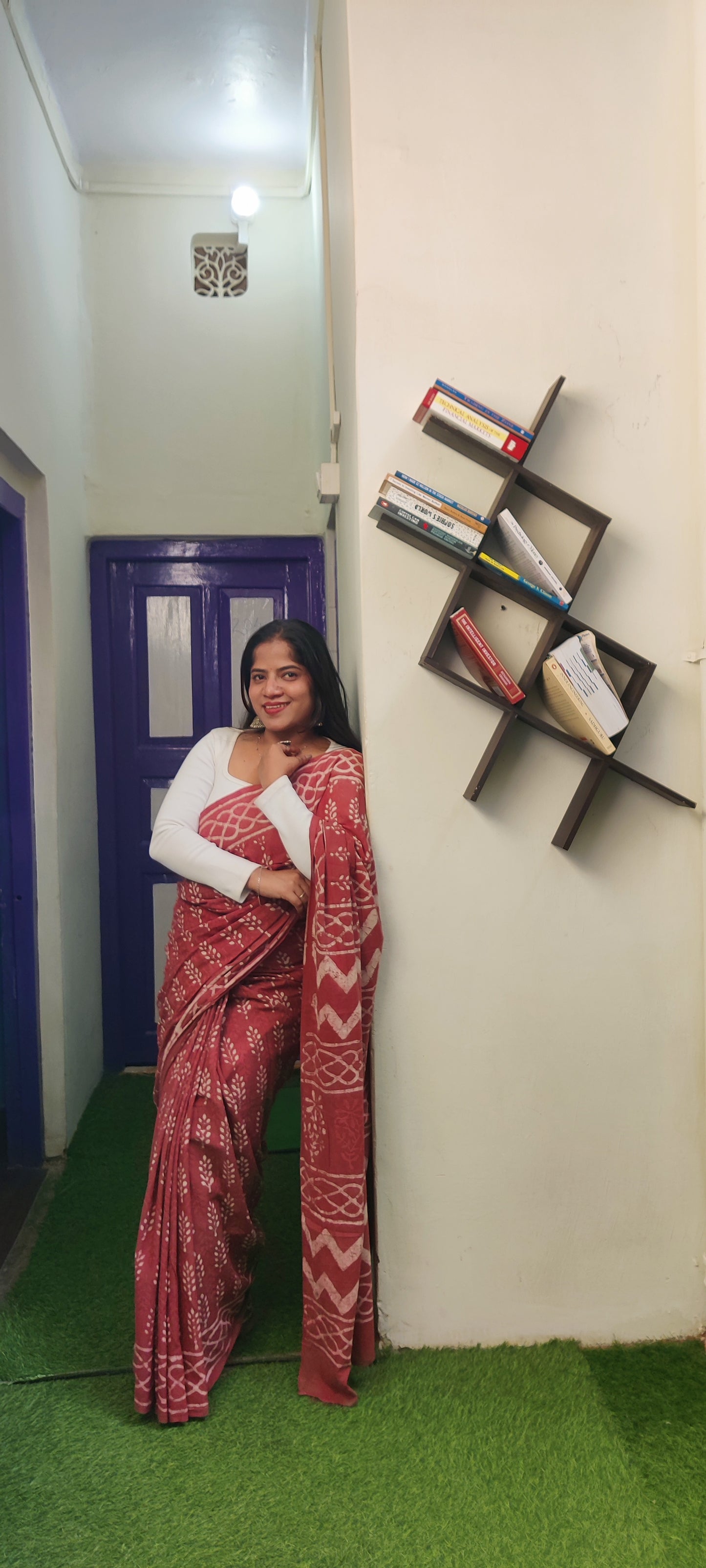 Vermilion Block Printed Cotton Saree