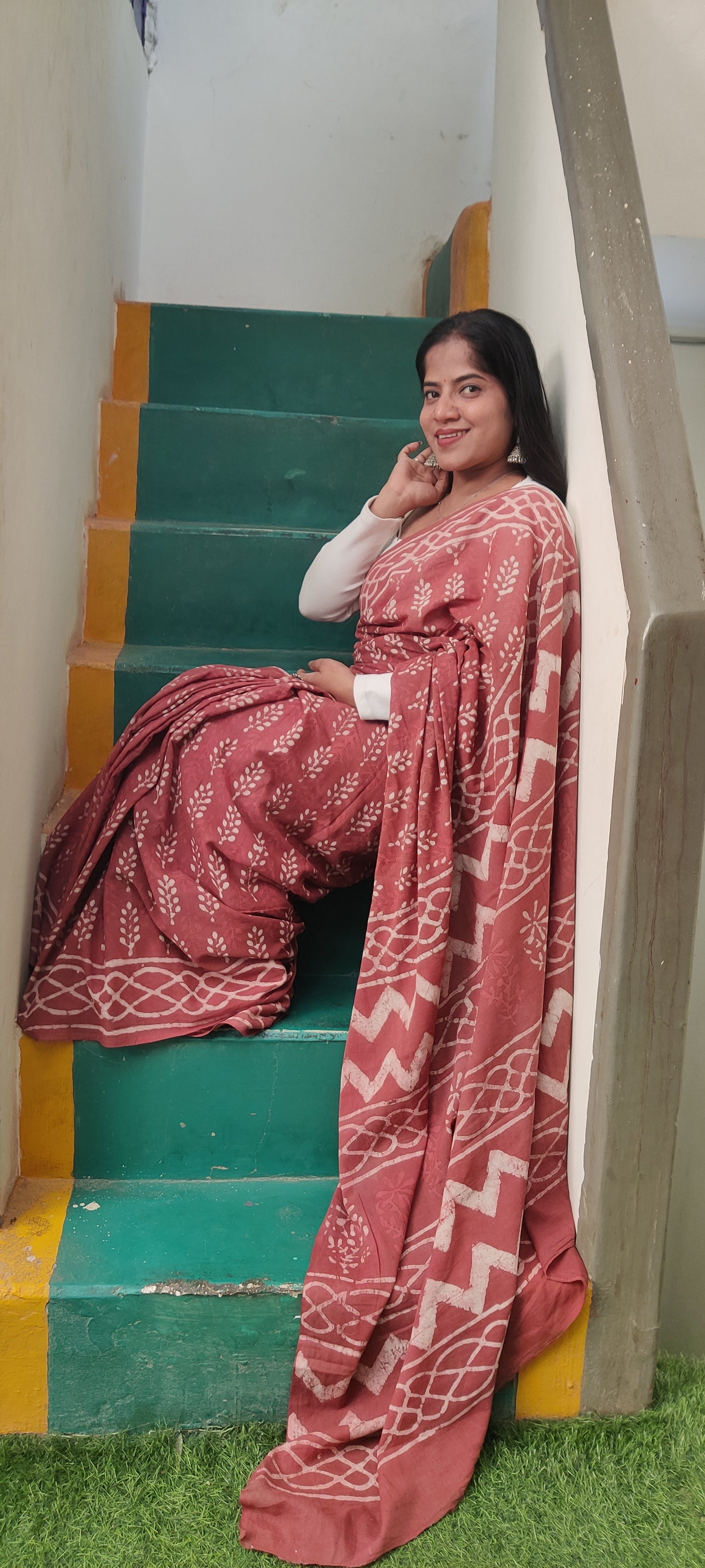 Vermilion Block Printed Cotton Saree