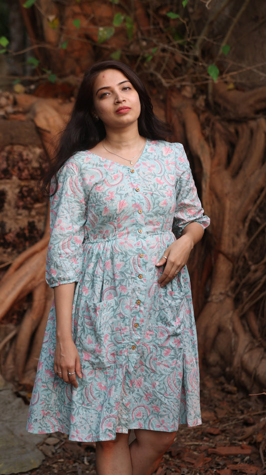 Light Sky Blue Block Printed Onepiece