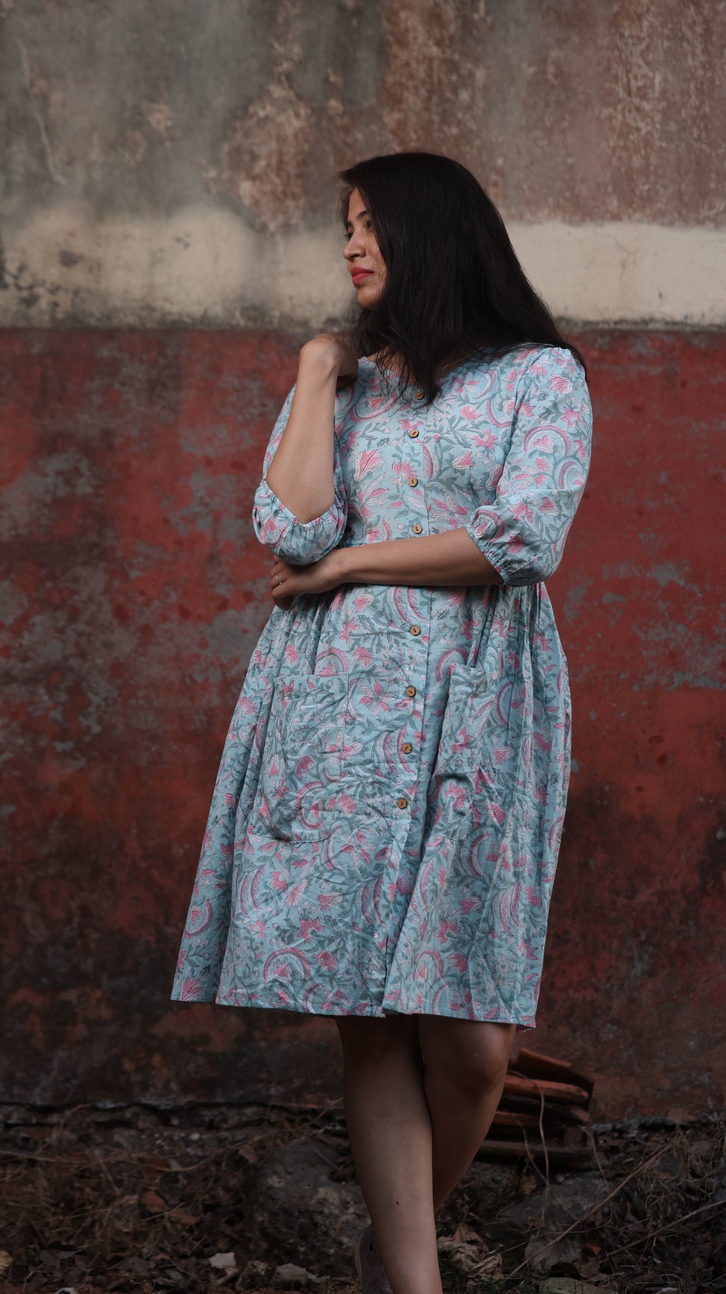 Light Sky Blue Block Printed Onepiece