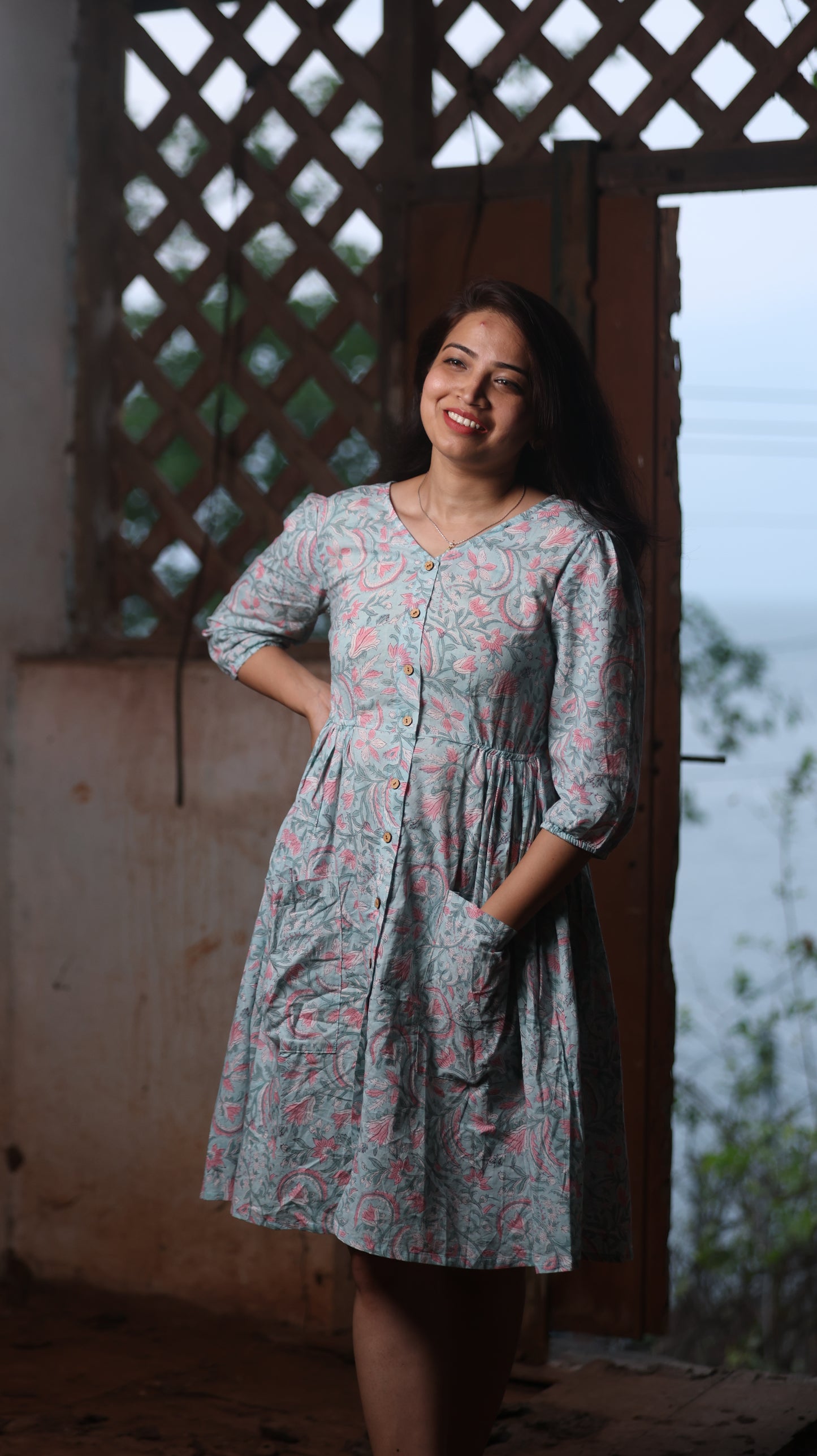 Light Sky Blue Block Printed Onepiece
