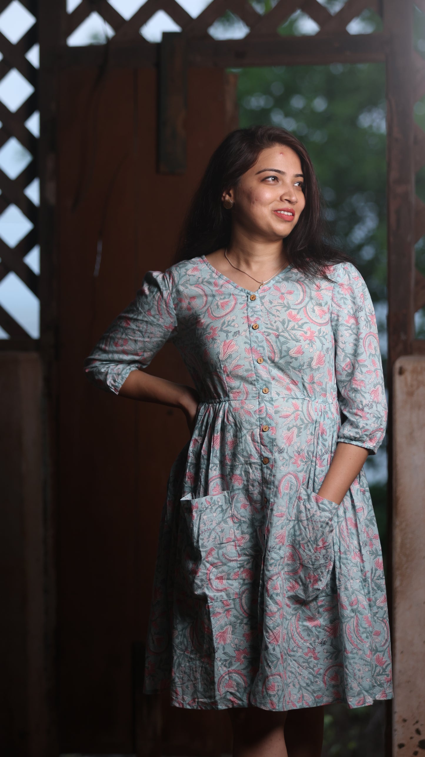 Light Sky Blue Block Printed Onepiece