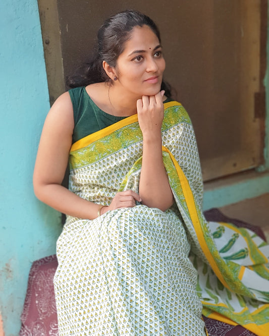 White Block Printed Saree