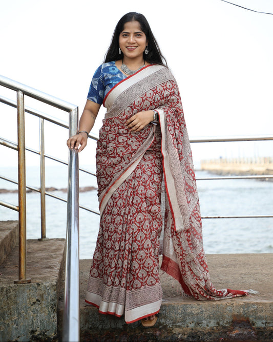 Maroon Slub Linen Saree